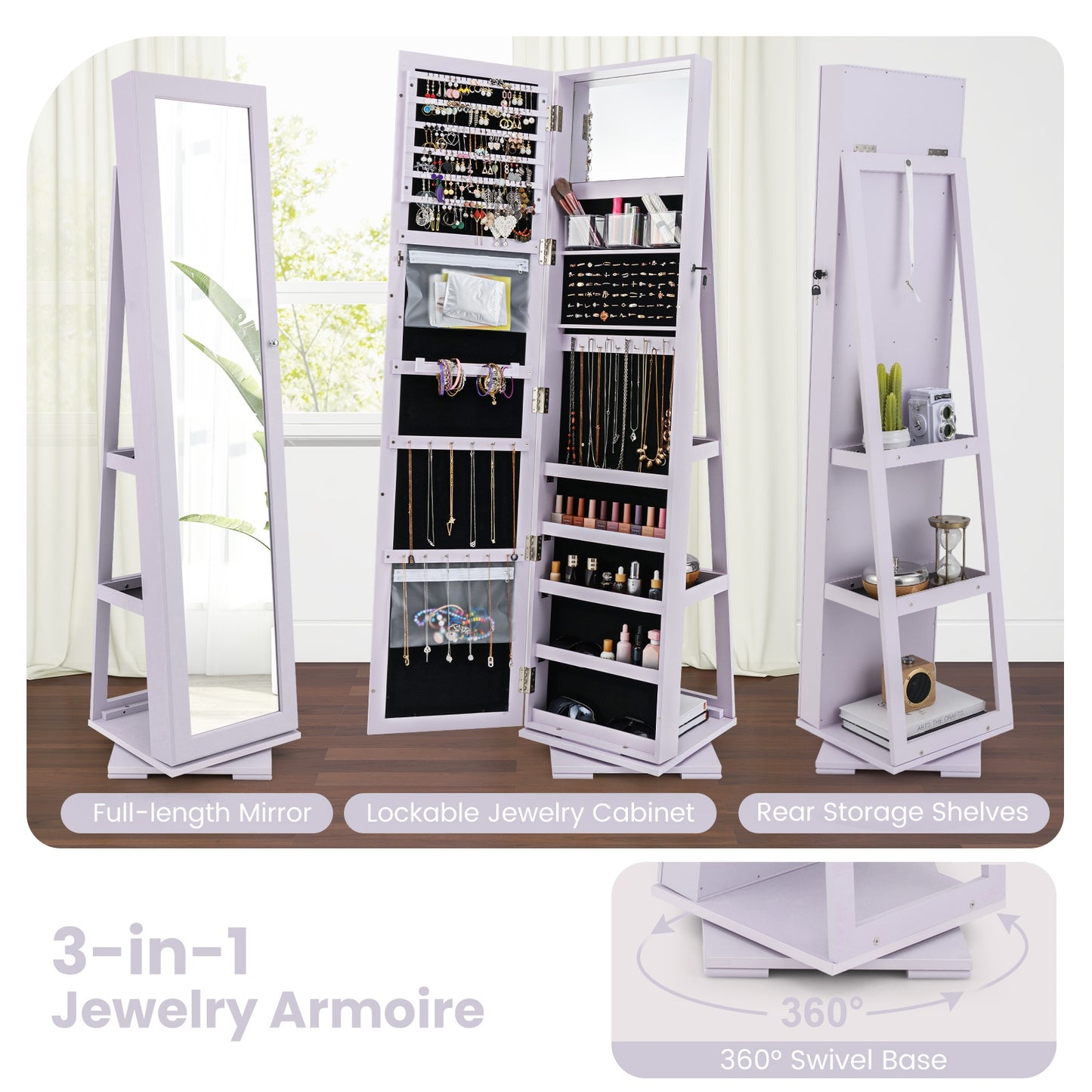 360 Degree Rotating Jewelry Armoire with Lockable Storage and Full Length Mirror in Purple