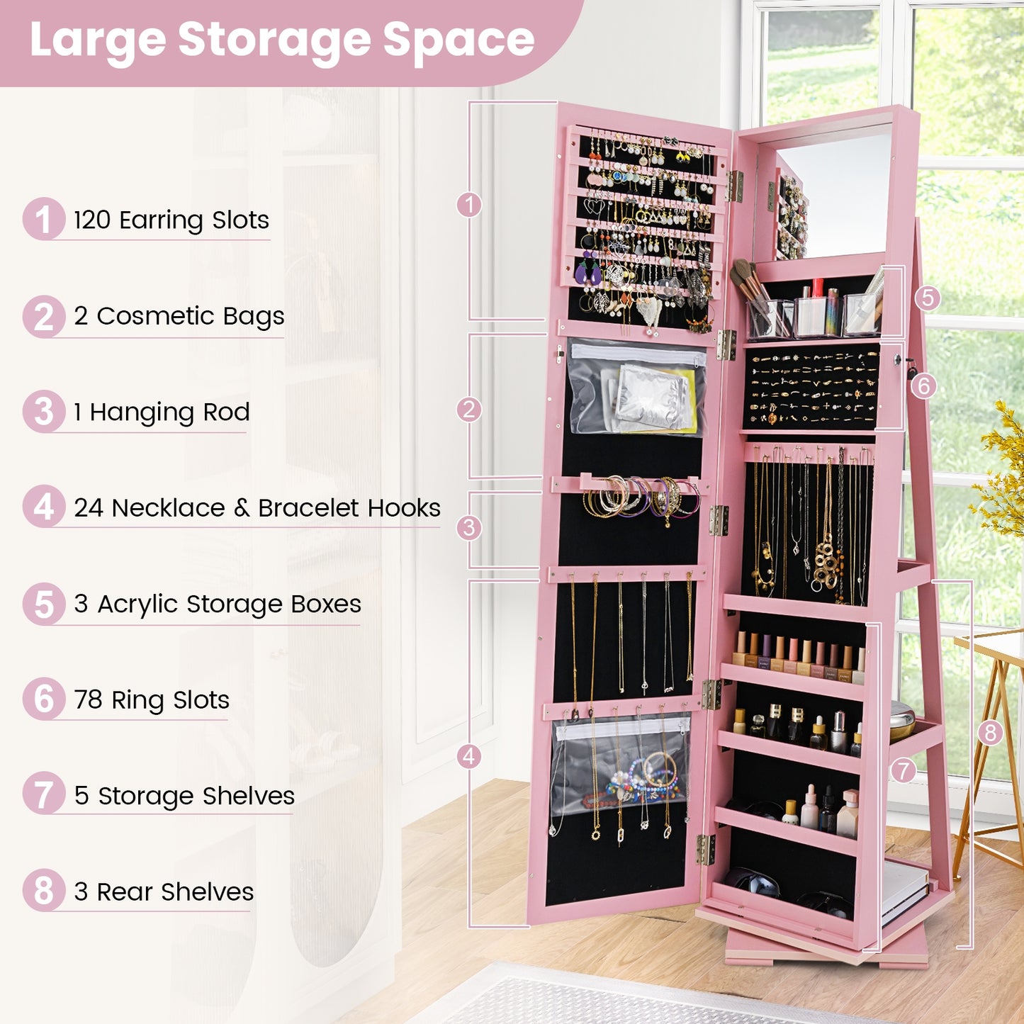 360 Degree Rotating Jewelry Armoire with Lockable Storage and Full Length Mirror in Pink