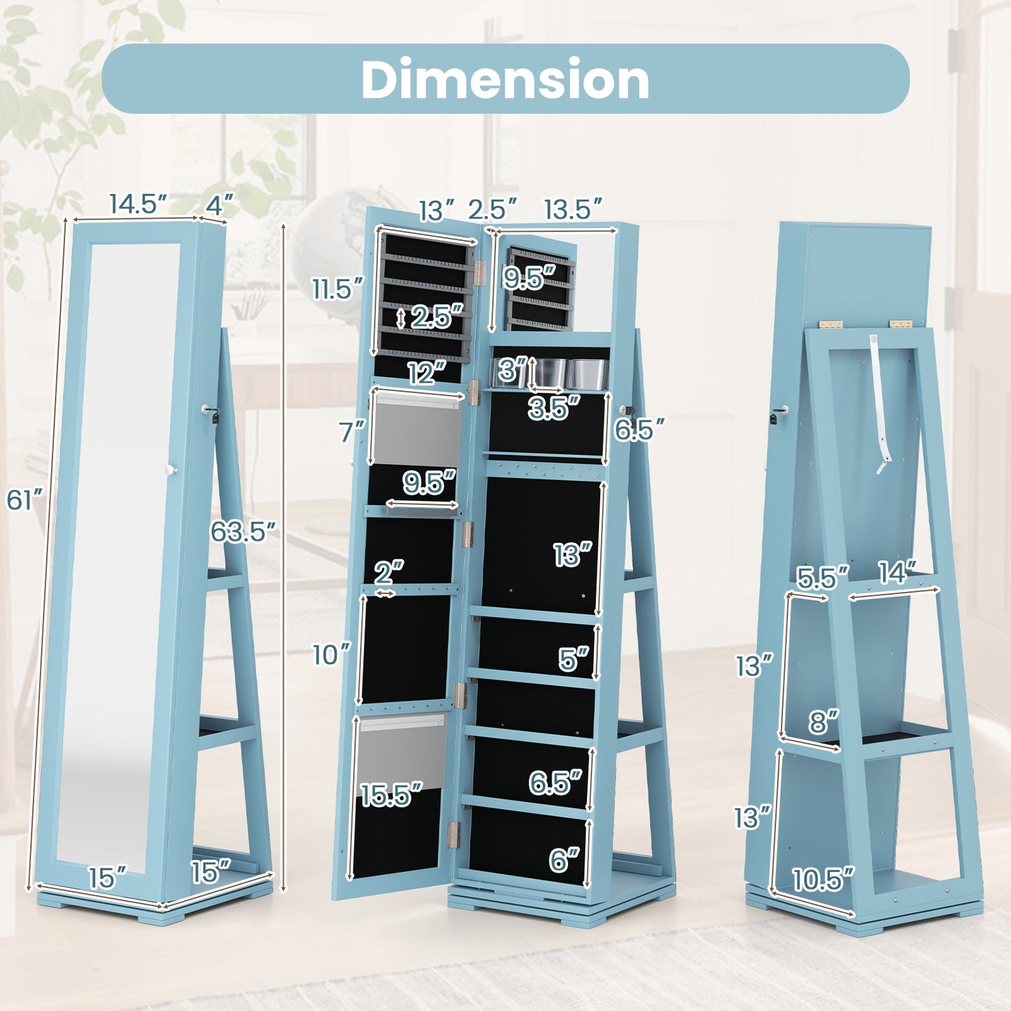 360 Degree Rotating Jewelry Armoire with Lockable Storage and Full Length Mirror in Blue