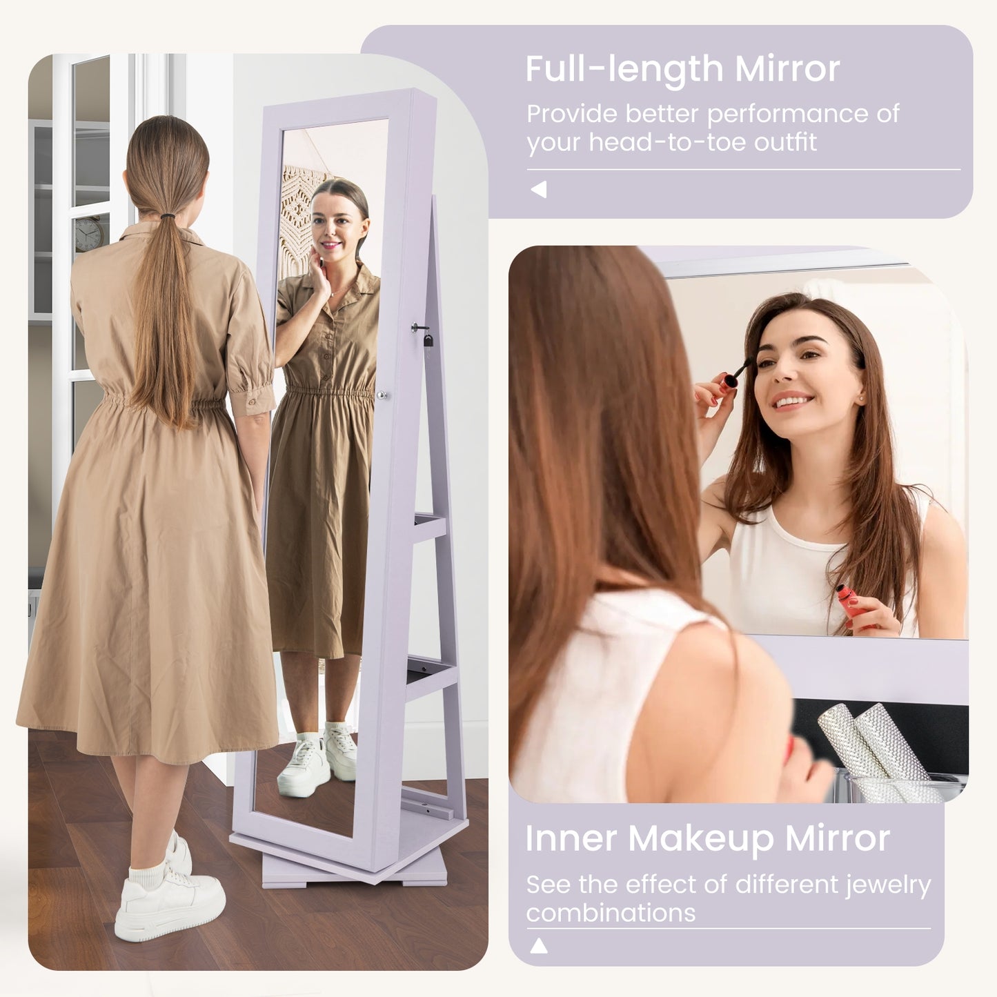 360 Degree Rotating Jewelry Armoire with Lockable Storage and Full Length Mirror in Purple