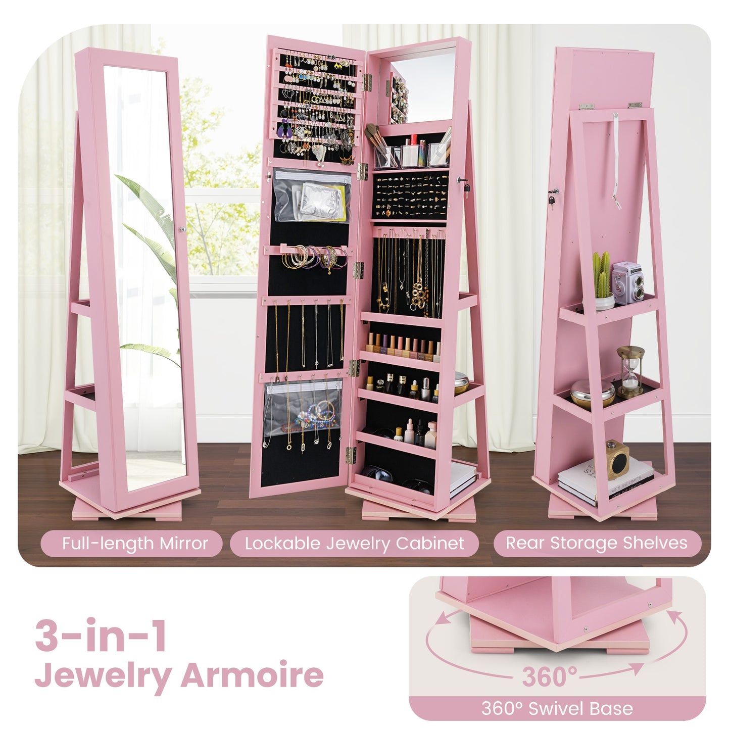 360 Degree Rotating Jewelry Armoire with Lockable Storage and Full Length Mirror in Pink