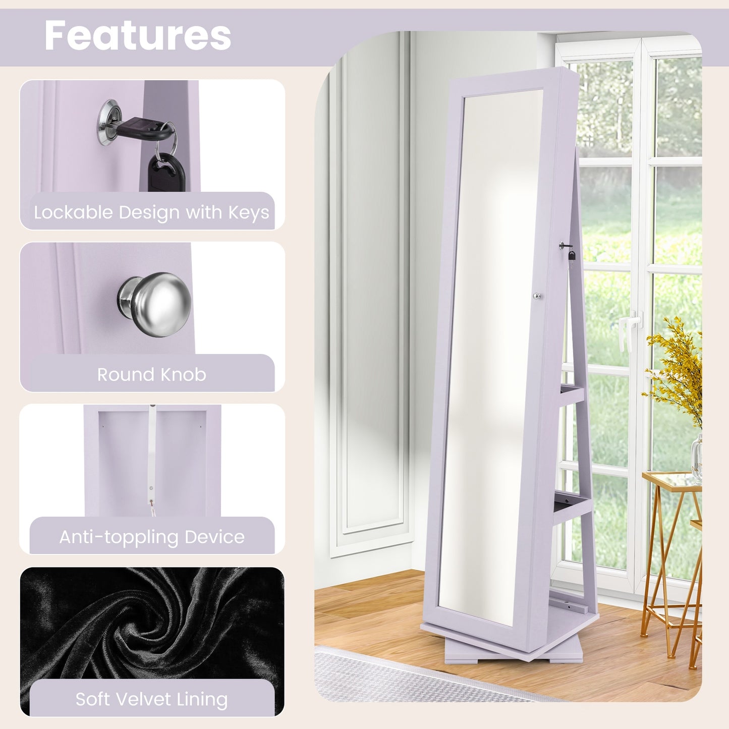 360 Degree Rotating Jewelry Armoire with Lockable Storage and Full Length Mirror in Purple