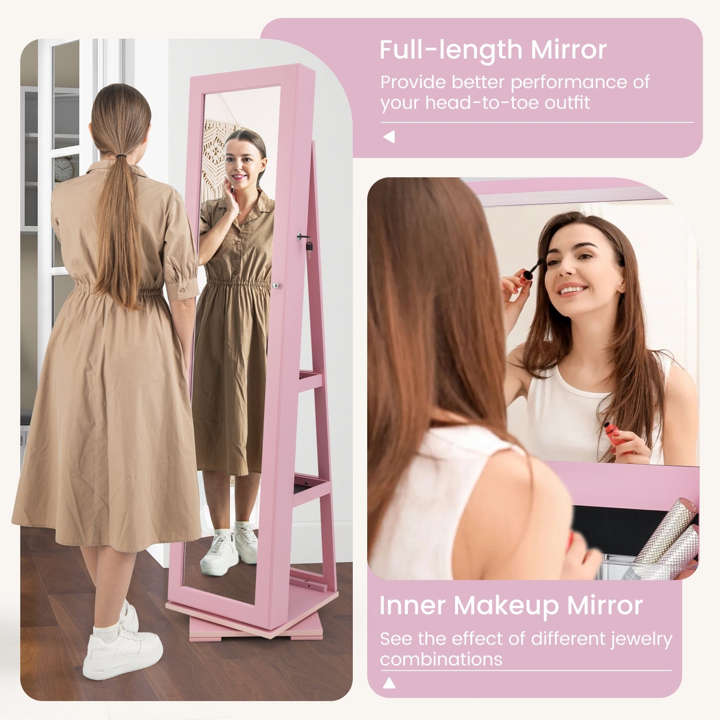 360 Degree Rotating Jewelry Armoire with Lockable Storage and Full Length Mirror in Pink