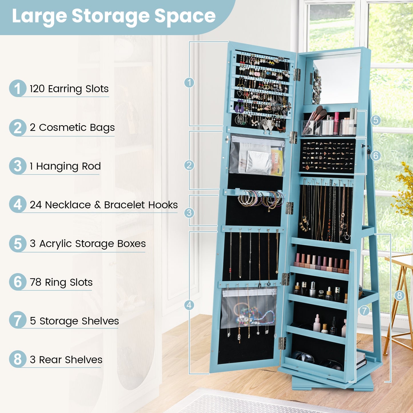 360 Degree Rotating Jewelry Armoire with Lockable Storage and Full Length Mirror in Blue