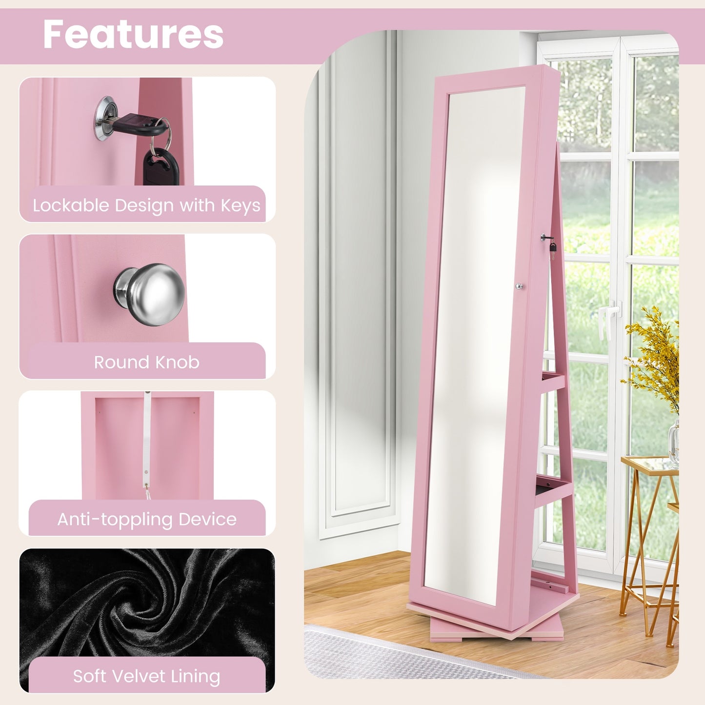 360 Degree Rotating Jewelry Armoire with Lockable Storage and Full Length Mirror in Pink