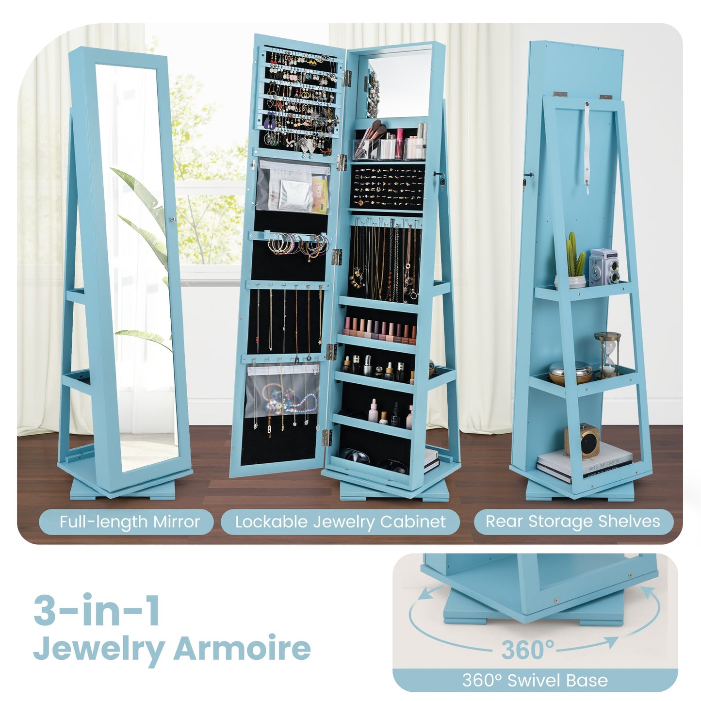 360 Degree Rotating Jewelry Armoire with Lockable Storage and Full Length Mirror in Blue