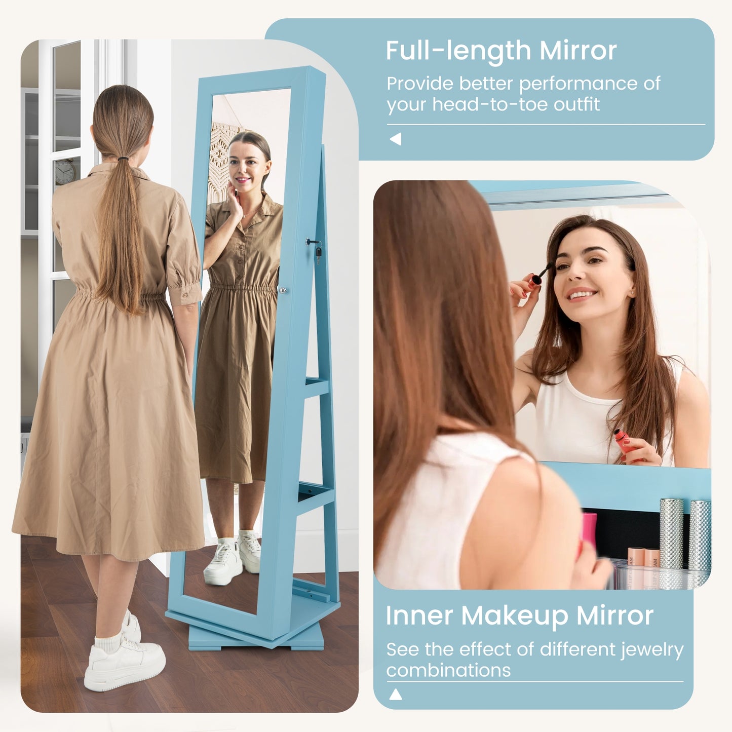 360 Degree Rotating Jewelry Armoire with Lockable Storage and Full Length Mirror in Blue