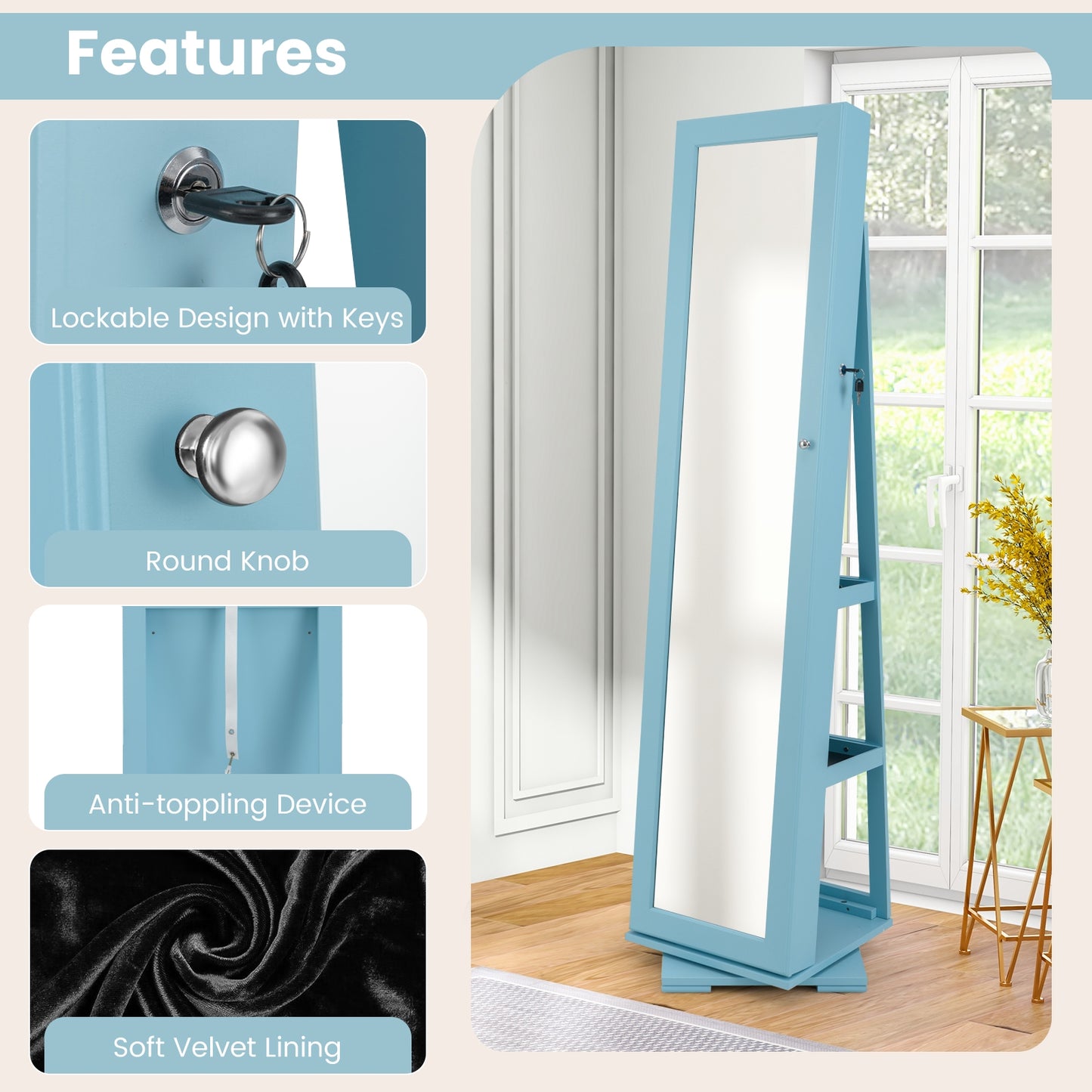 360 Degree Rotating Jewelry Armoire with Lockable Storage and Full Length Mirror in Blue