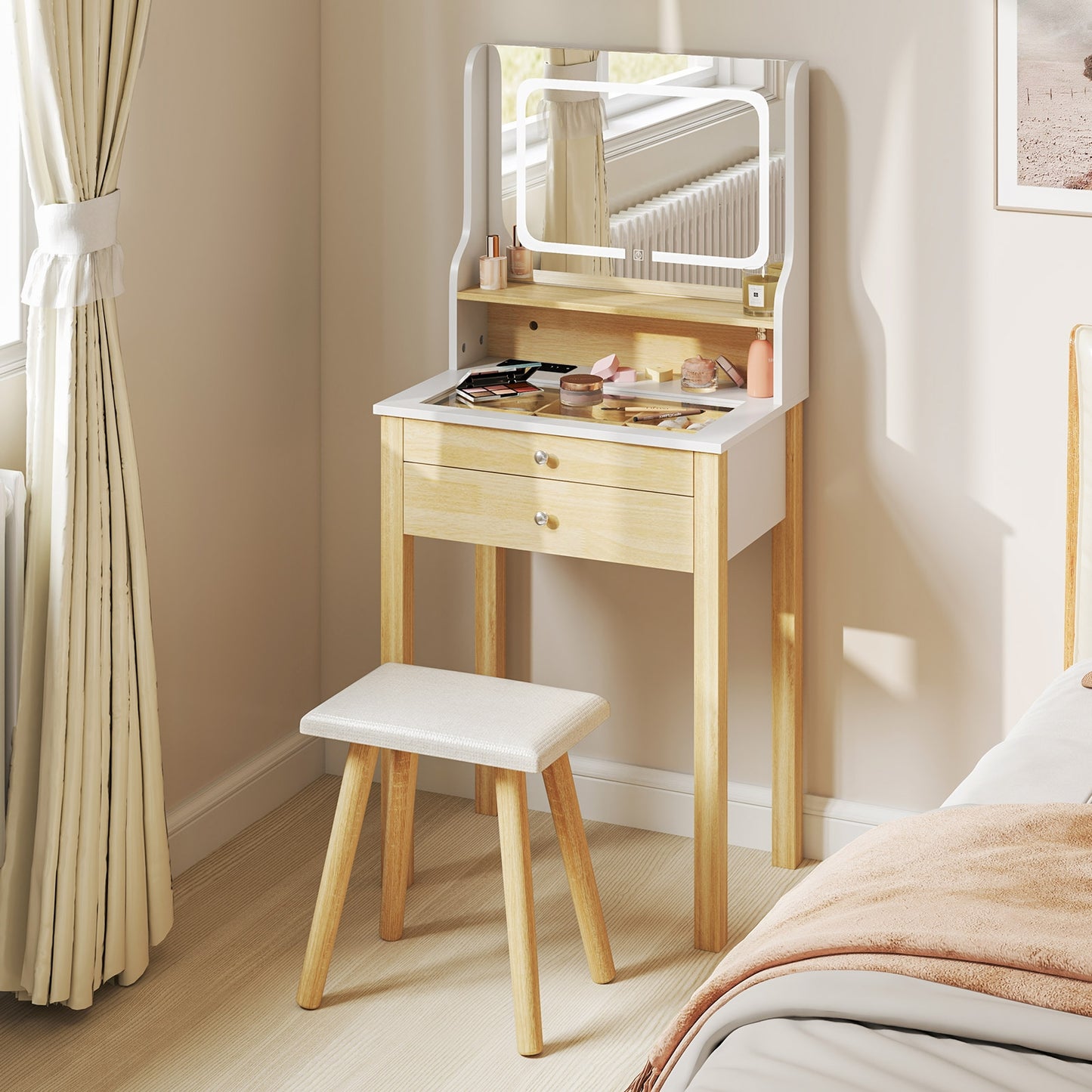 Compact Vanity Desk Set with 3-Color LED Lighted Mirror, Built-In Power Outlets & USB Ports