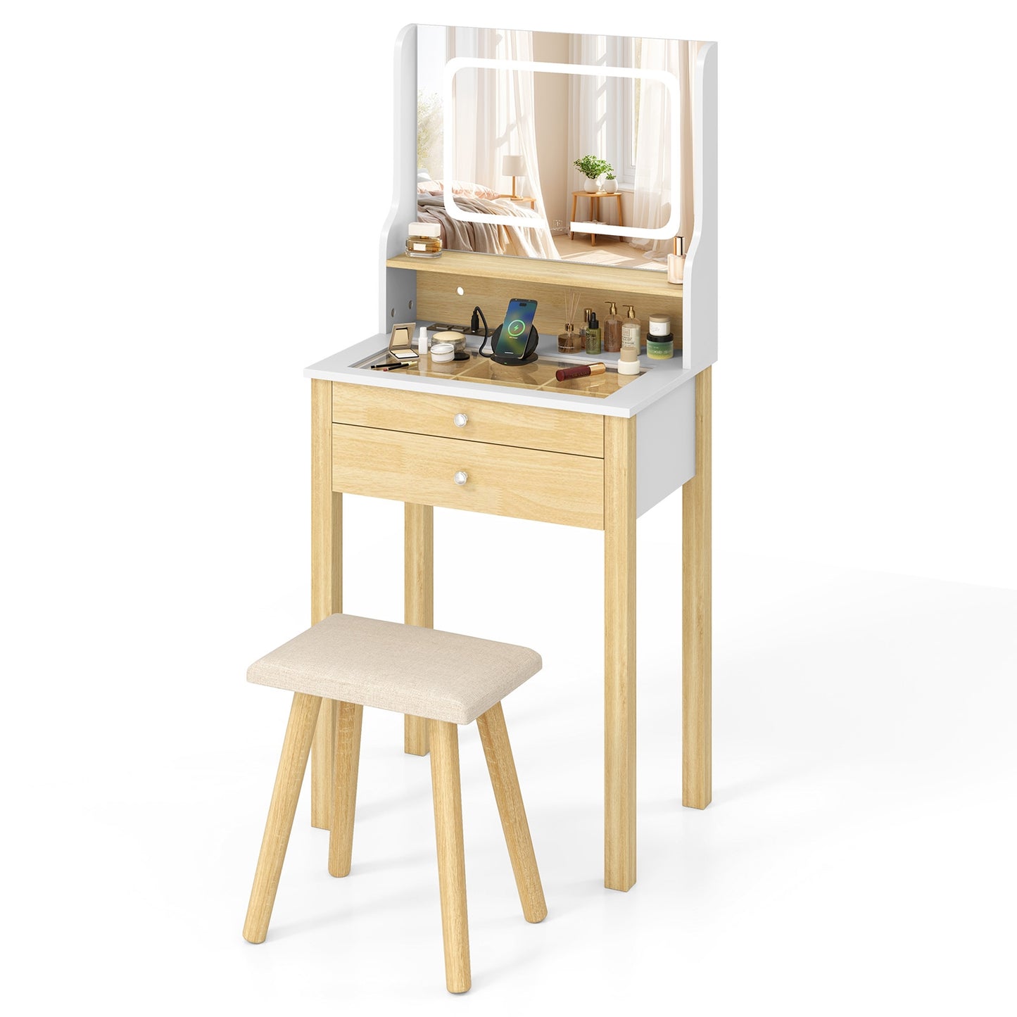 Compact Vanity Desk Set with 3-Color LED Lighted Mirror, Built-In Power Outlets & USB Ports
