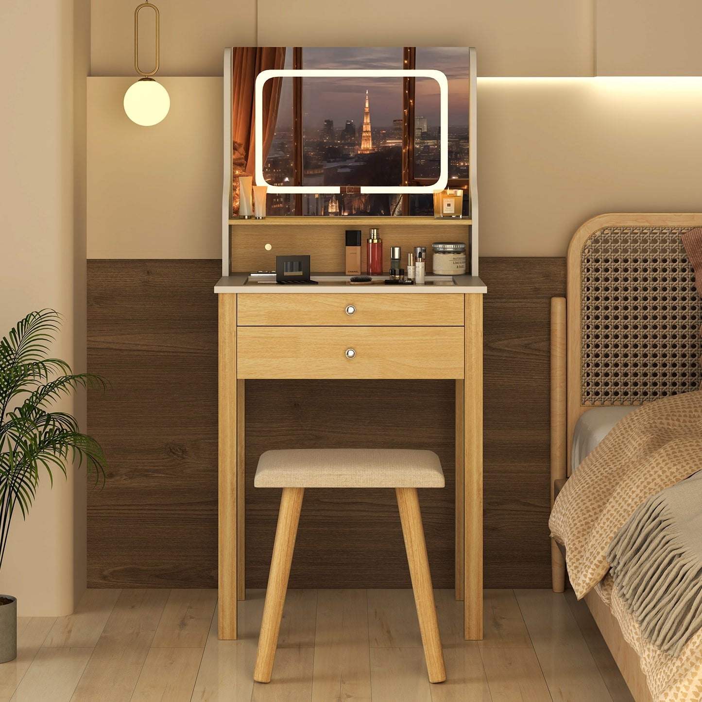 Compact Vanity Desk Set with 3-Color LED Lighted Mirror, Built-In Power Outlets & USB Ports
