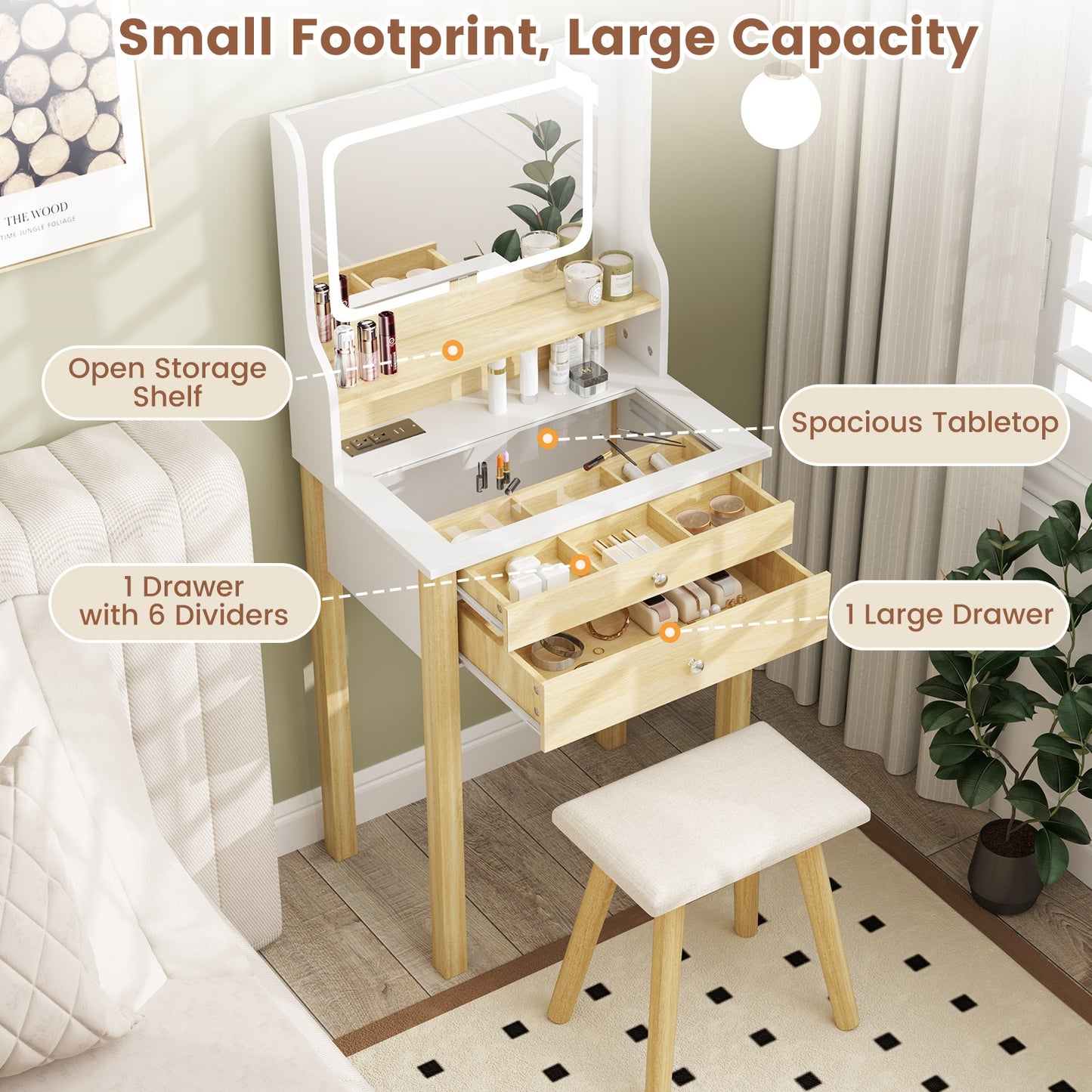 Compact Vanity Desk Set with 3-Color LED Lighted Mirror, Built-In Power Outlets & USB Ports