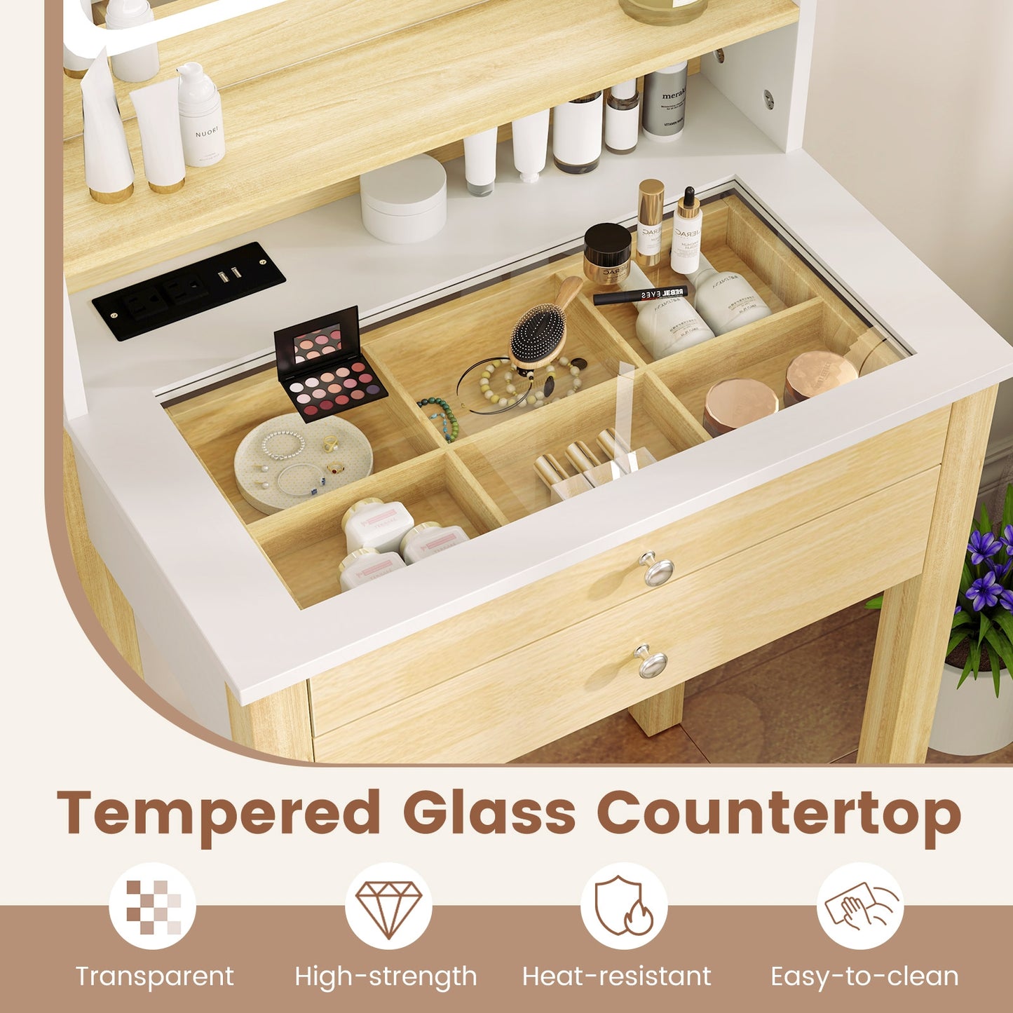Compact Vanity Desk Set with 3-Color LED Lighted Mirror, Built-In Power Outlets & USB Ports