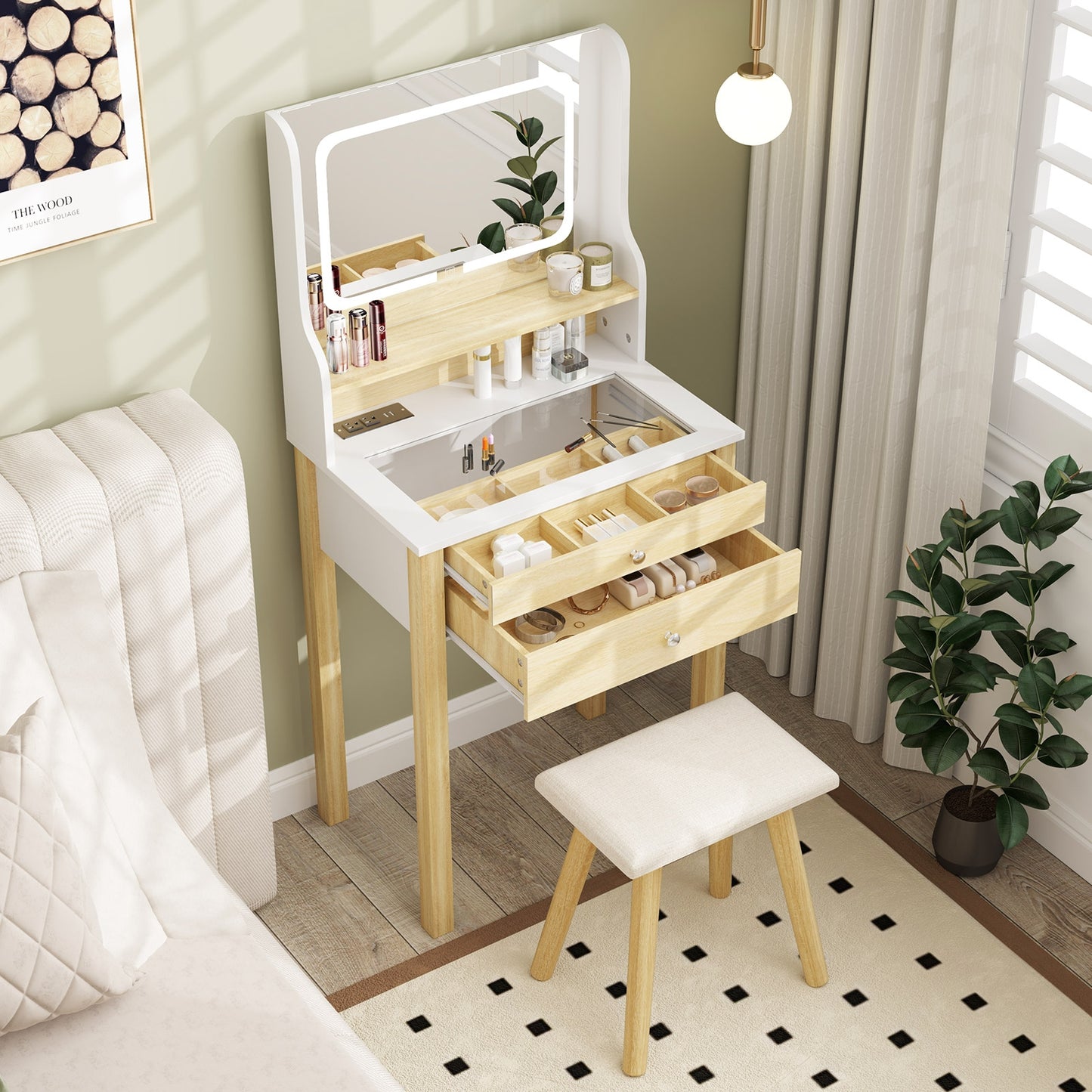 Compact Vanity Desk Set with 3-Color LED Lighted Mirror, Built-In Power Outlets & USB Ports
