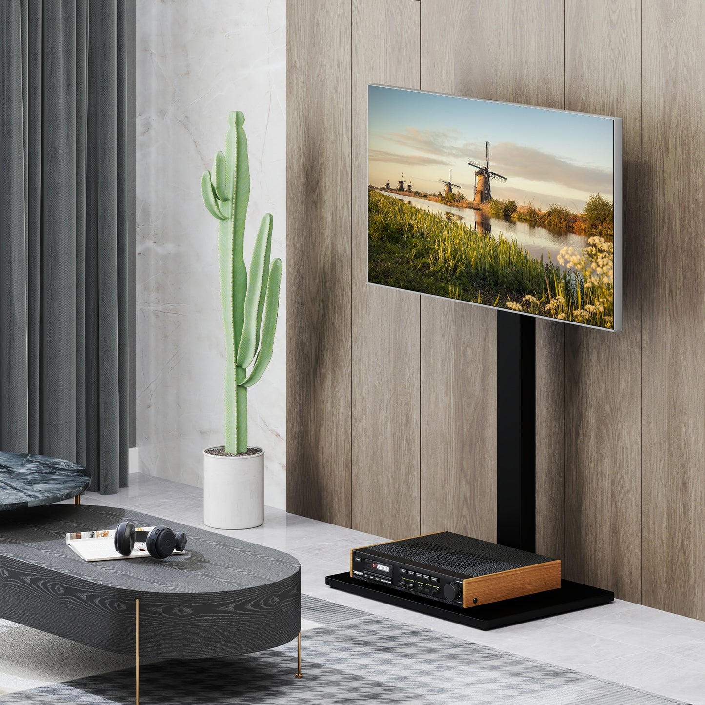Modern Height Adjustable Floor TV Stand with Swivel Mount and AV Shelf for 32 to 70 Inch Screens