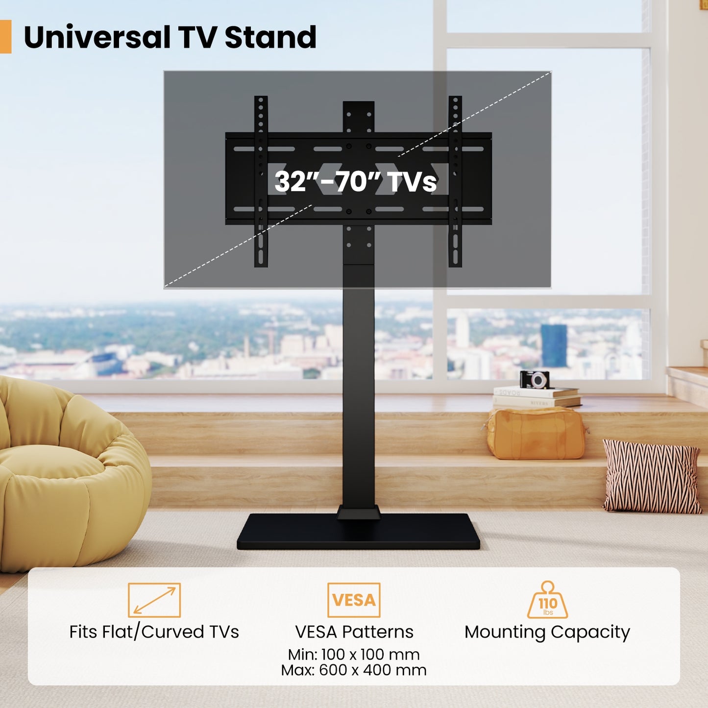 Modern Height Adjustable Floor TV Stand with Swivel Mount and AV Shelf for 32 to 70 Inch Screens