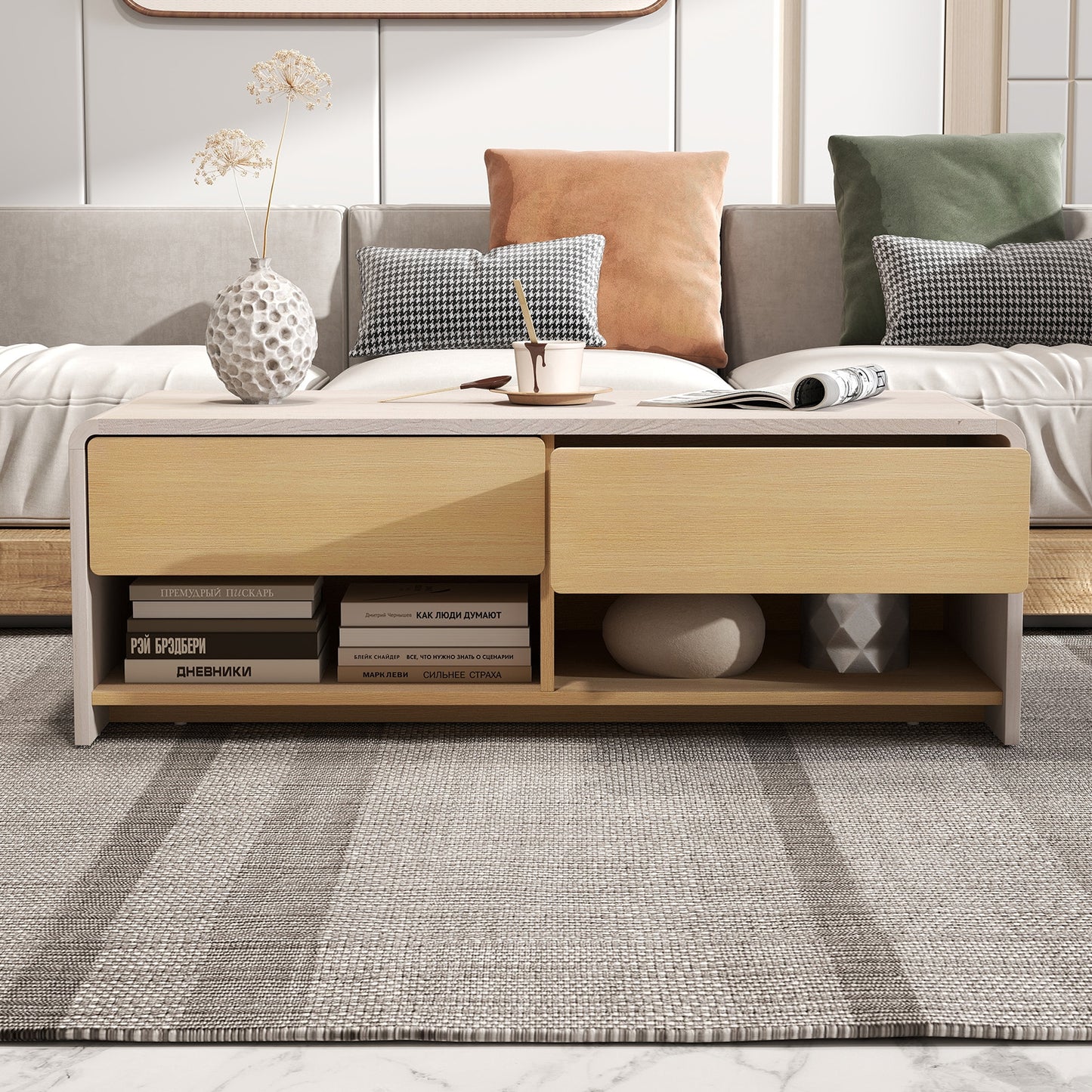 Modern Coffee Table with 2 Drawers and Open Storage Shelves for Living Room