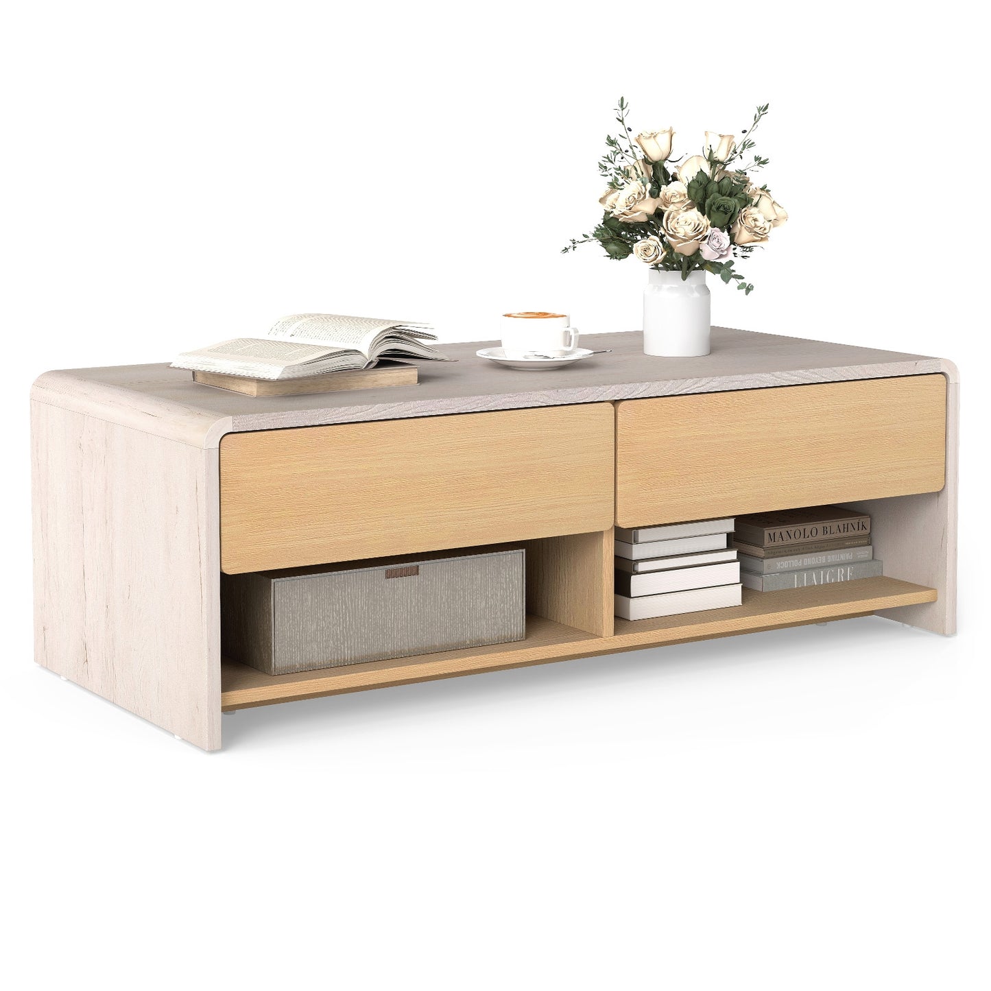 Modern Coffee Table with 2 Drawers and Open Storage Shelves for Living Room