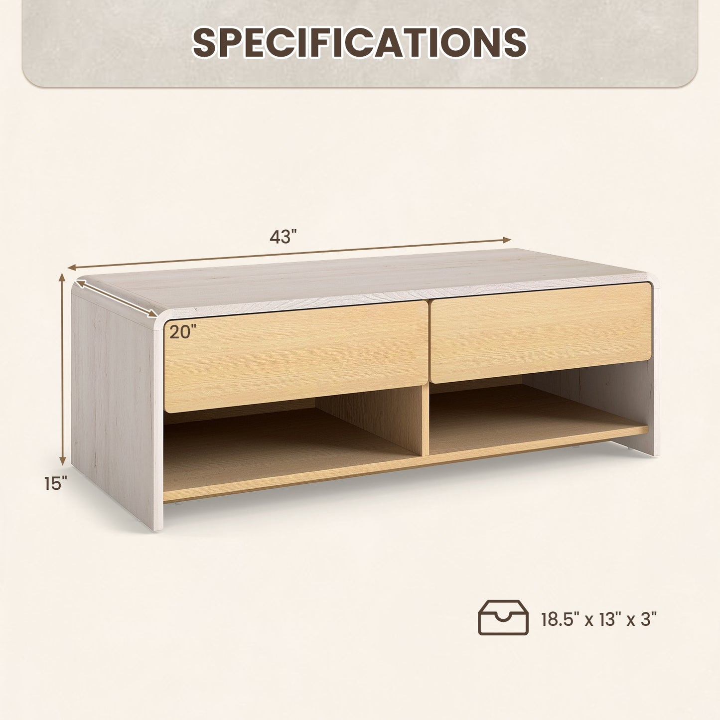 Modern Coffee Table with 2 Drawers and Open Storage Shelves for Living Room