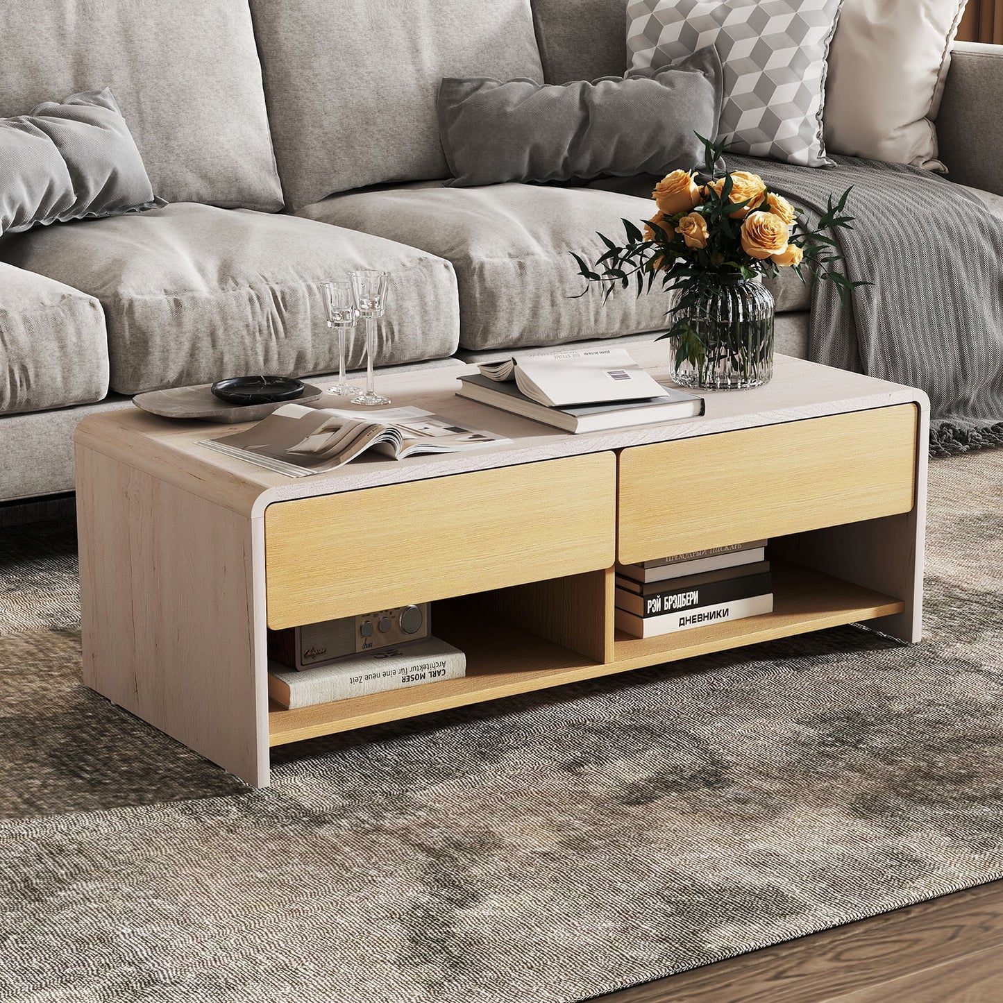 Modern Coffee Table with 2 Drawers and Open Storage Shelves for Living Room