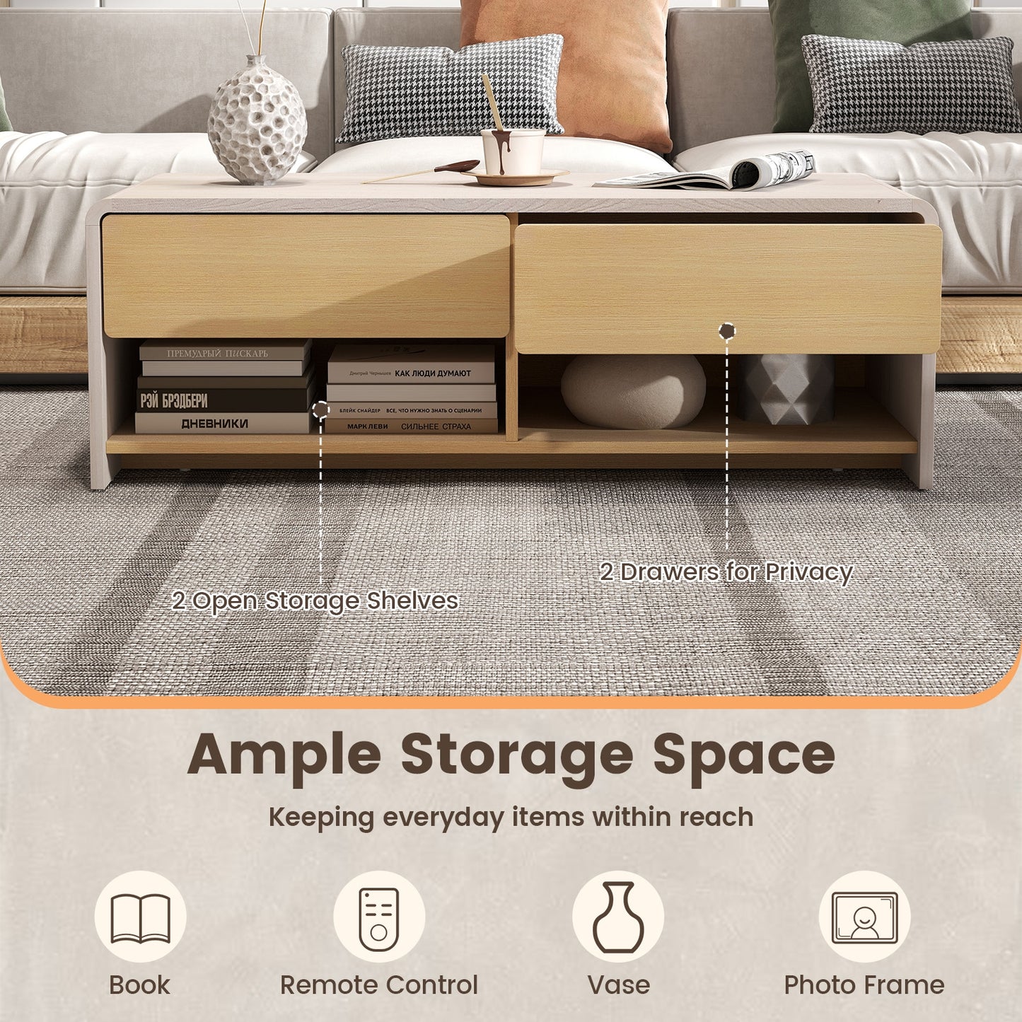 Modern Coffee Table with 2 Drawers and Open Storage Shelves for Living Room