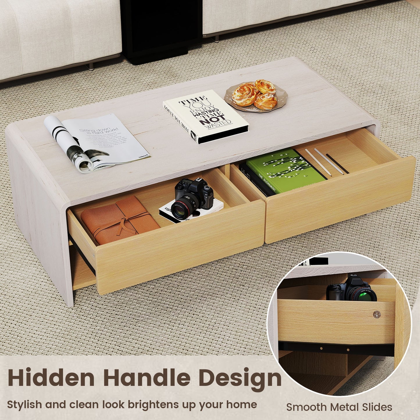 Modern Coffee Table with 2 Drawers and Open Storage Shelves for Living Room