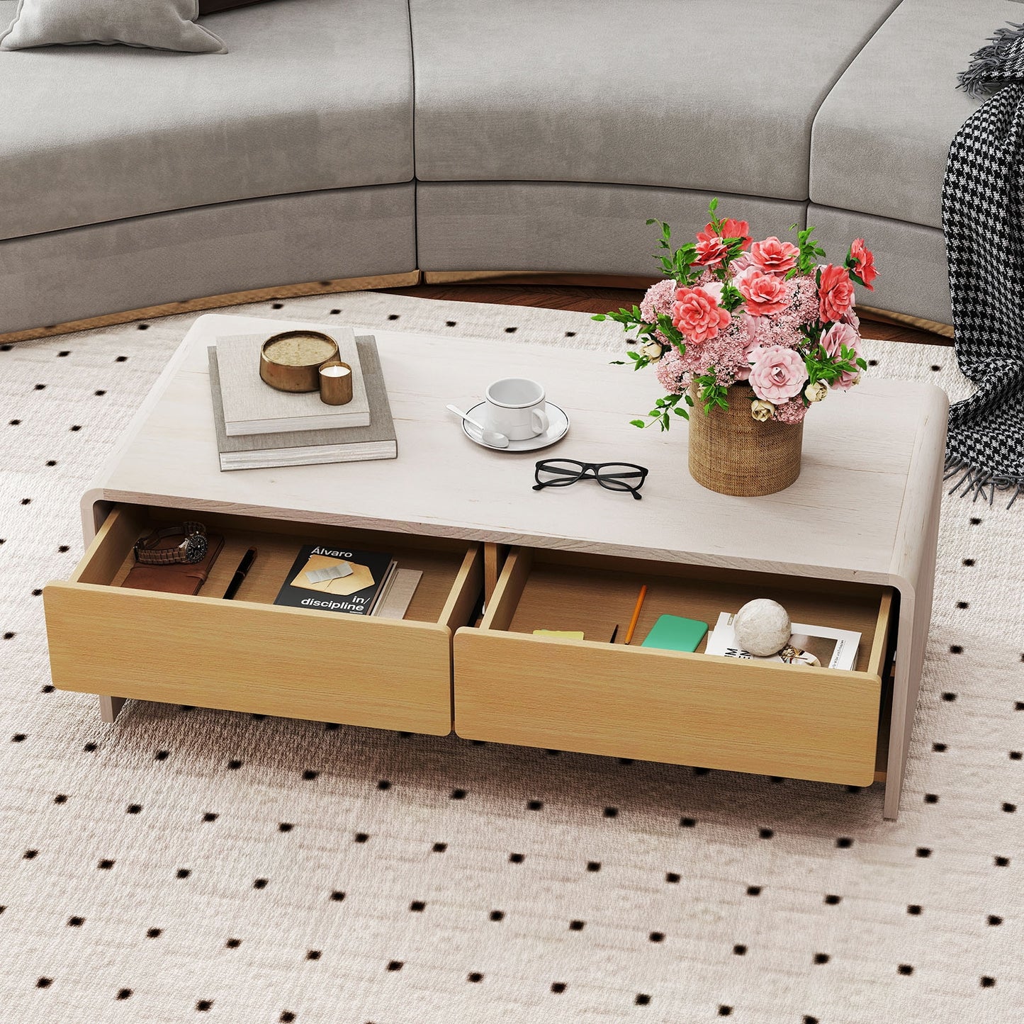 Modern Coffee Table with 2 Drawers and Open Storage Shelves for Living Room