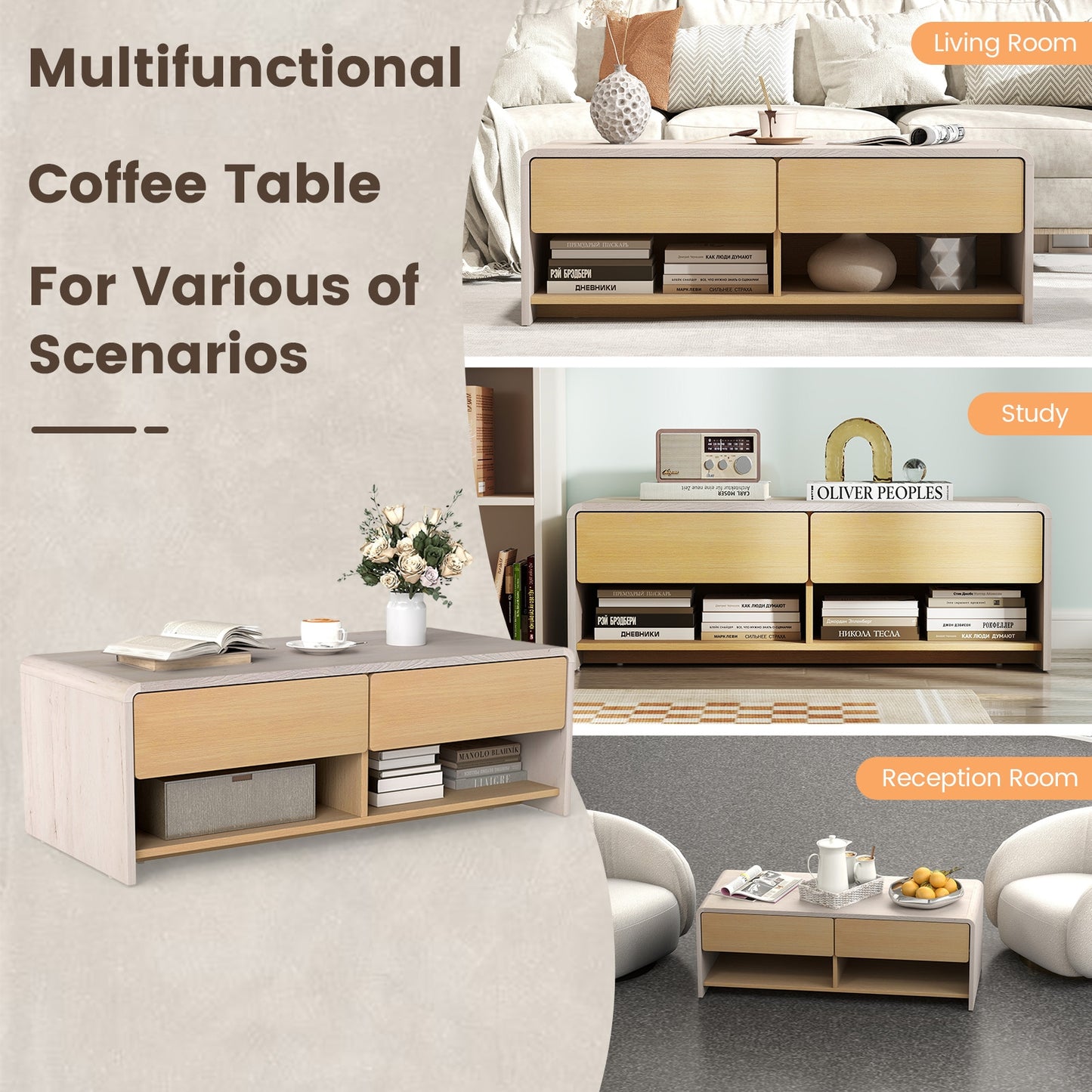 Modern Coffee Table with 2 Drawers and Open Storage Shelves for Living Room