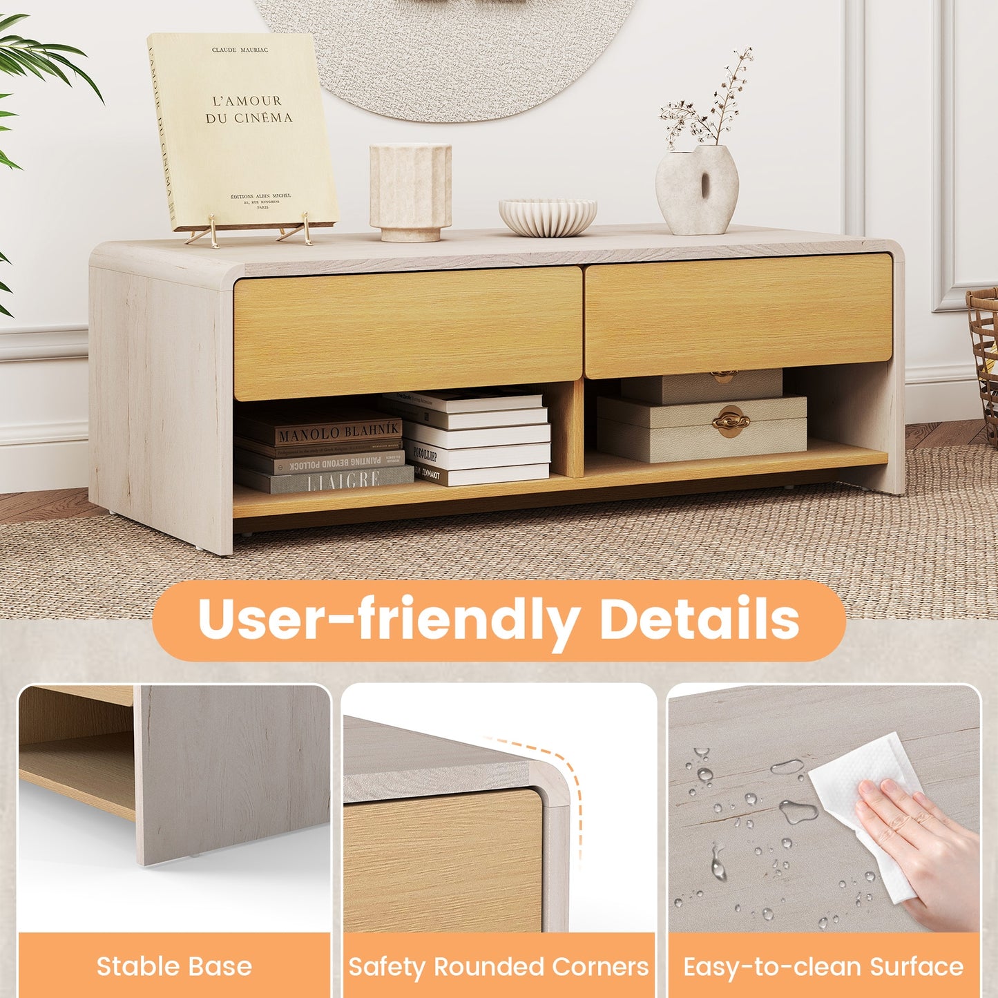 Modern Coffee Table with 2 Drawers and Open Storage Shelves for Living Room