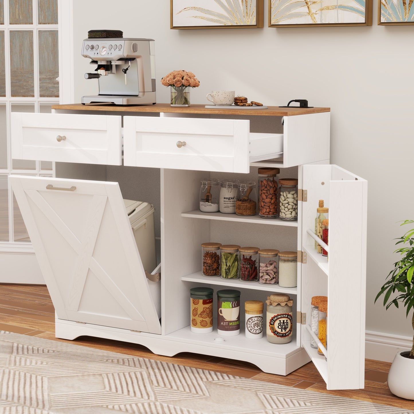 Modern Tilt-Out Trash Can Cabinet with Built-In Power Outlets and Adjustable Shelves - White