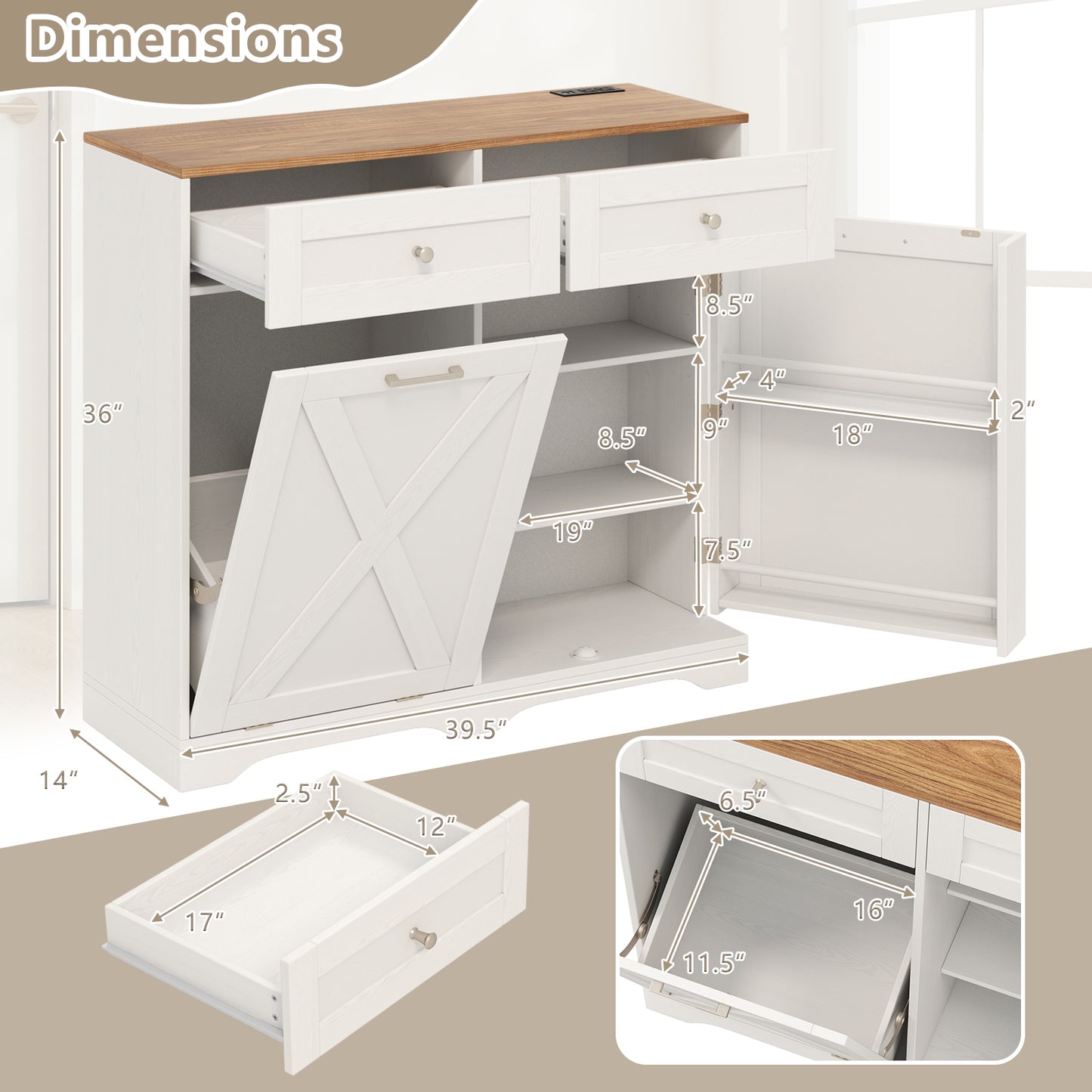 Modern Tilt-Out Trash Can Cabinet with Built-In Power Outlets and Adjustable Shelves - White