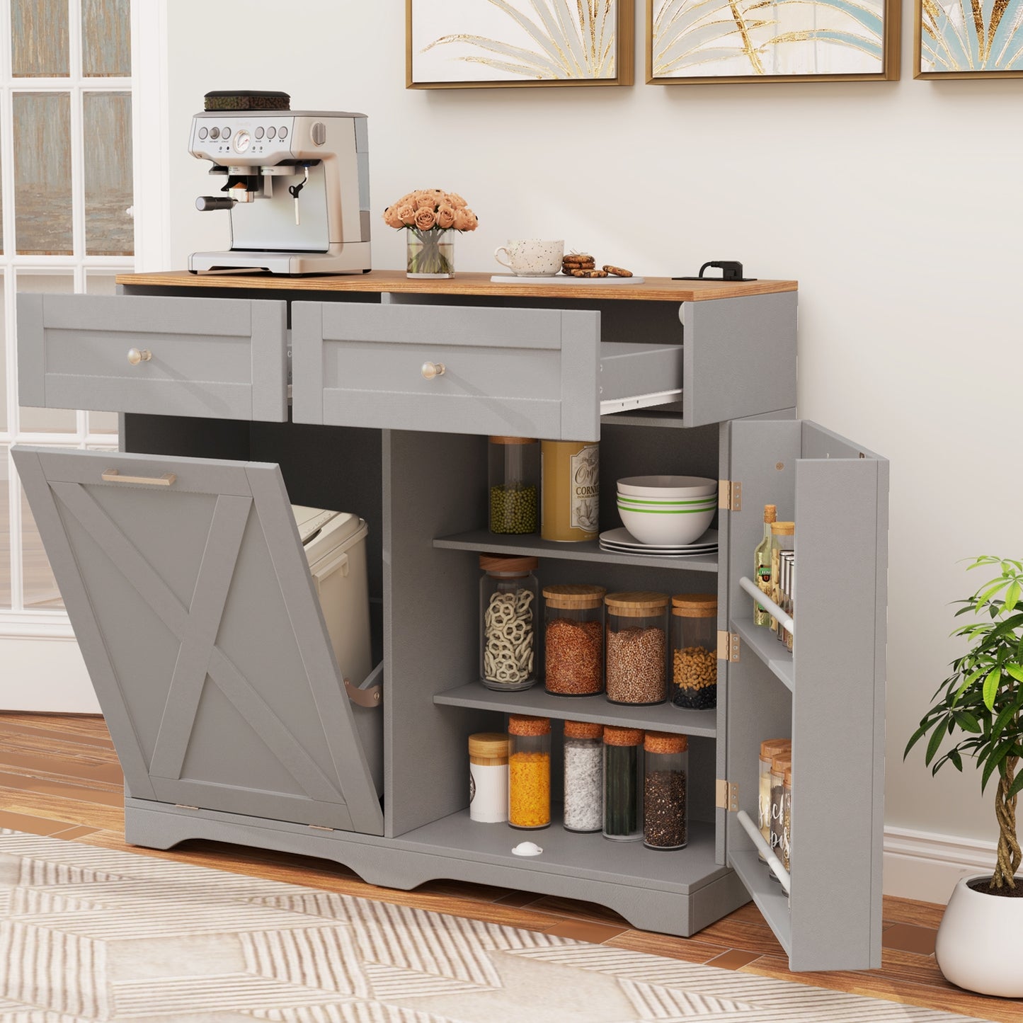 Modern Tilt-Out Trash Can Cabinet with Built-In Power Outlets and Adjustable Shelves - Grey