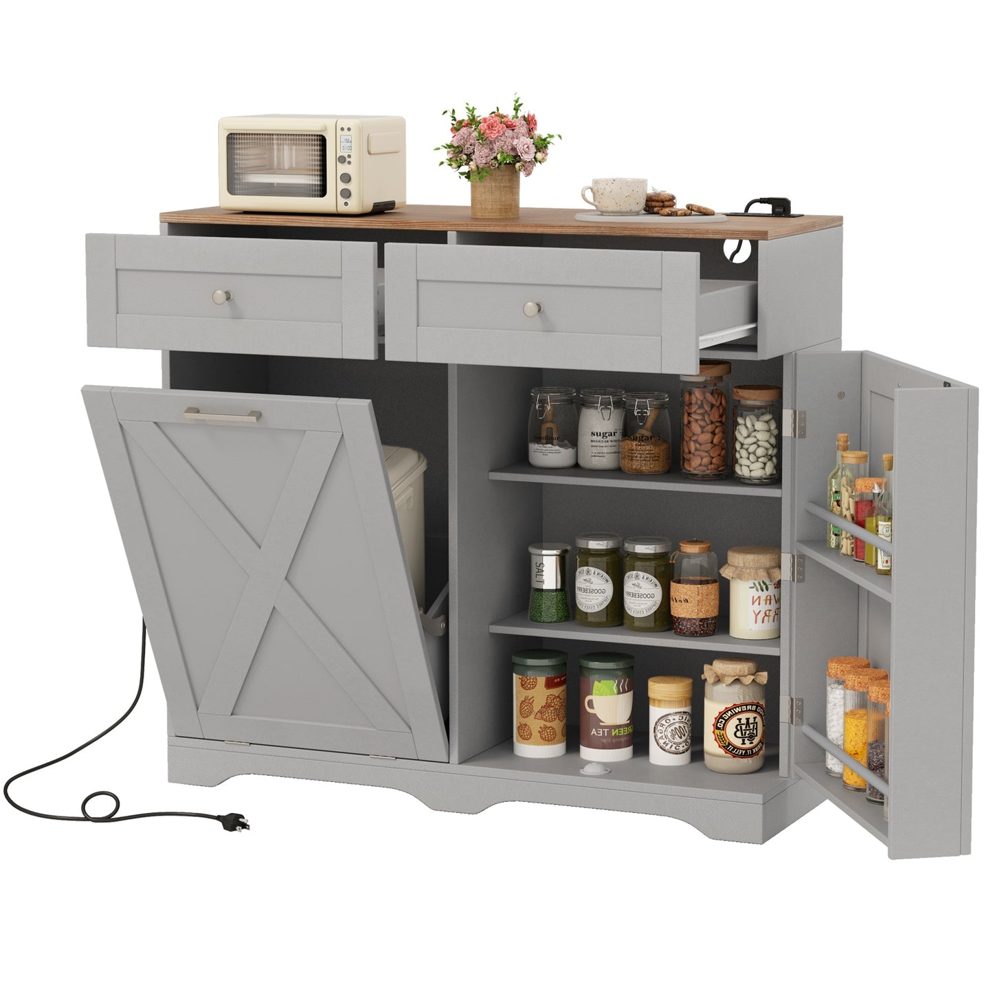 Modern Tilt-Out Trash Can Cabinet with Built-In Power Outlets and Adjustable Shelves - Grey