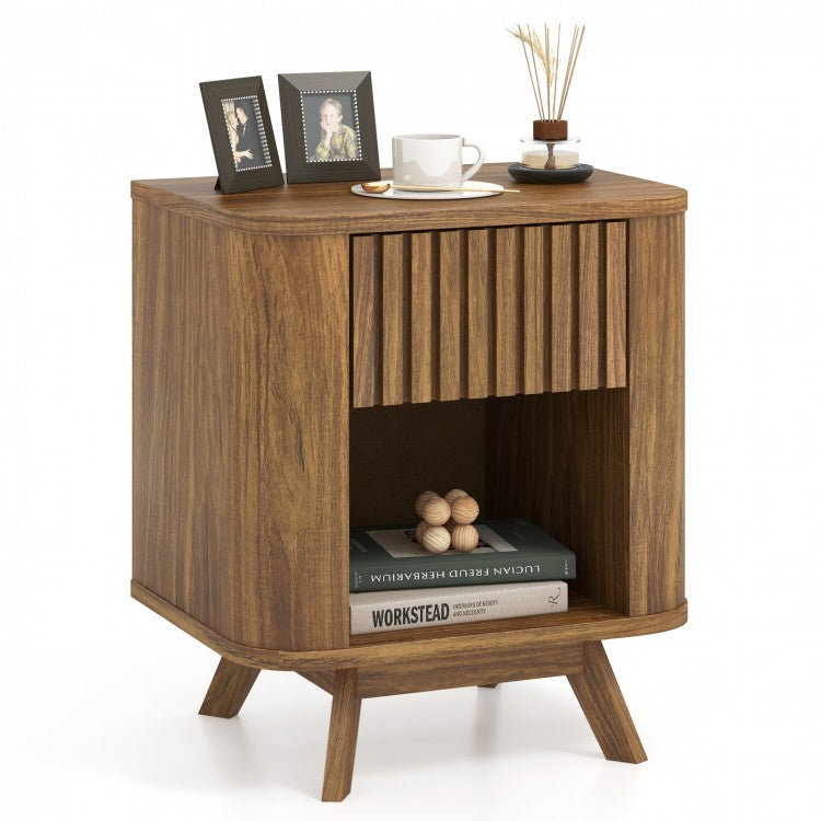 Mid-Century Bedside Table with Storage Drawer and Open Shelf