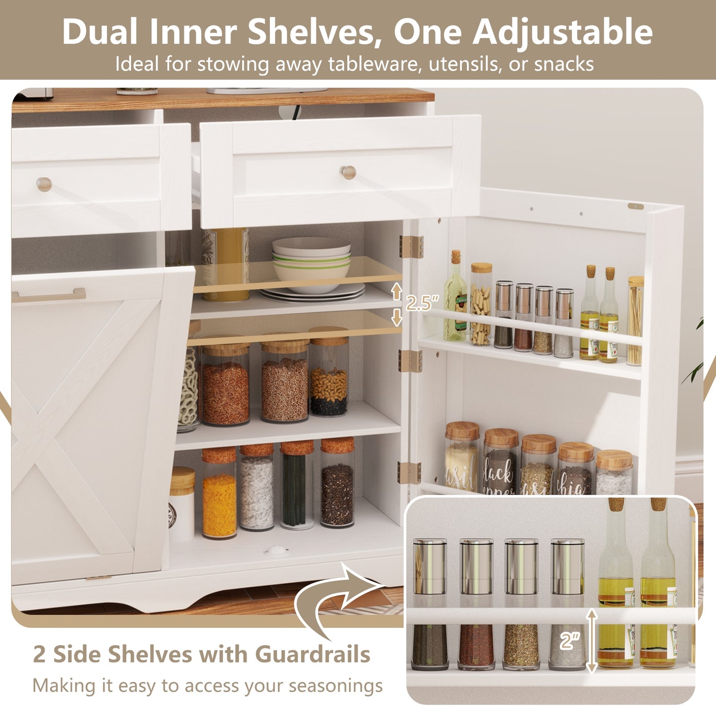 Modern Tilt-Out Trash Can Cabinet with Built-In Power Outlets and Adjustable Shelves - White