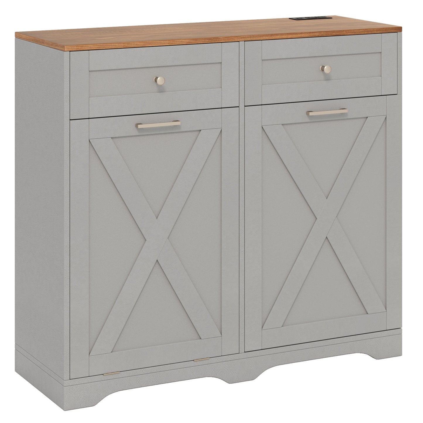 Modern Tilt-Out Trash Can Cabinet with Built-In Power Outlets and Adjustable Shelves - Grey