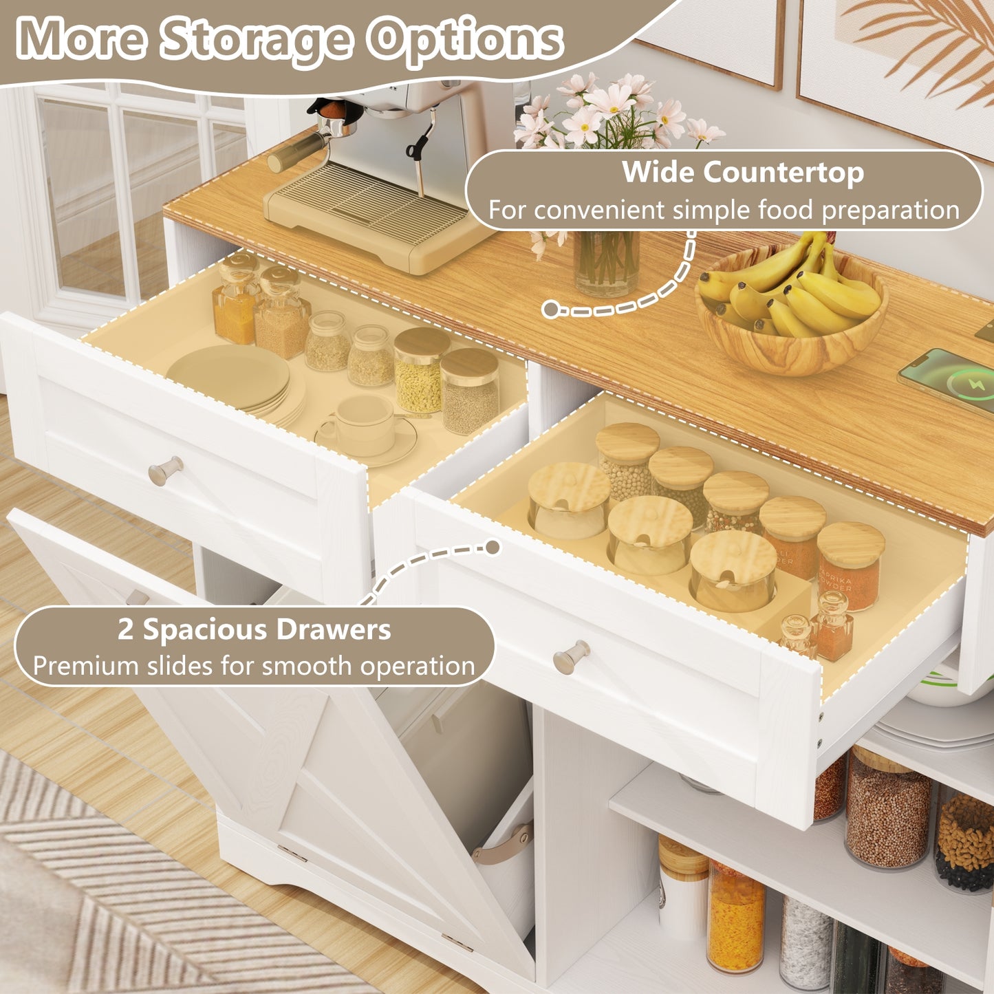 Modern Tilt-Out Trash Can Cabinet with Built-In Power Outlets and Adjustable Shelves - White