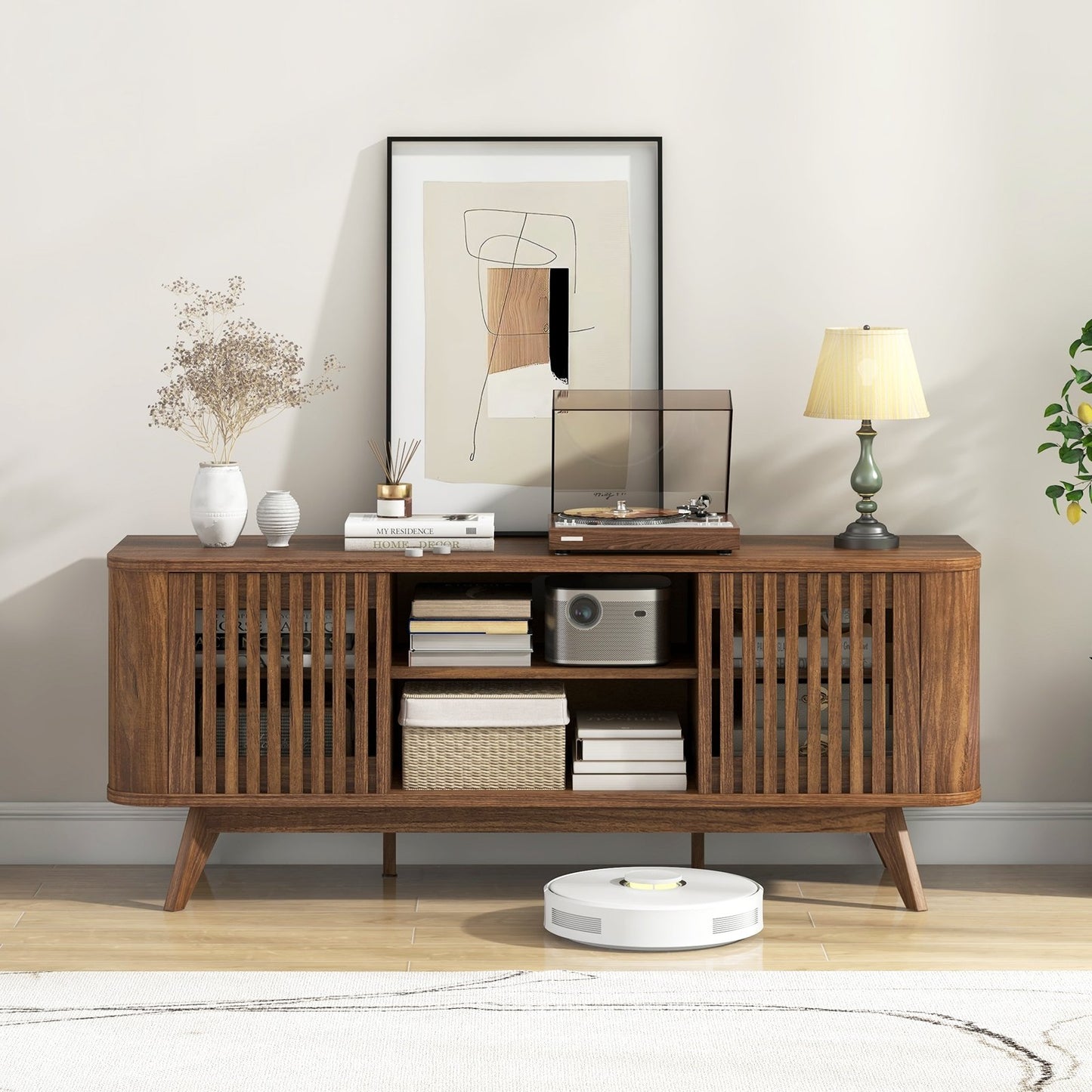 Mid-Century Modern TV Stand for TVs up to 60 Inches with Adjustable Shelves and Storage Cabinets