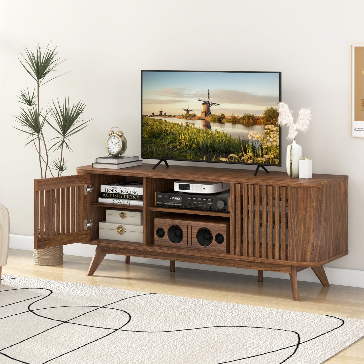 Mid-Century Modern TV Stand for TVs up to 60 Inches with Adjustable Shelves and Storage Cabinets