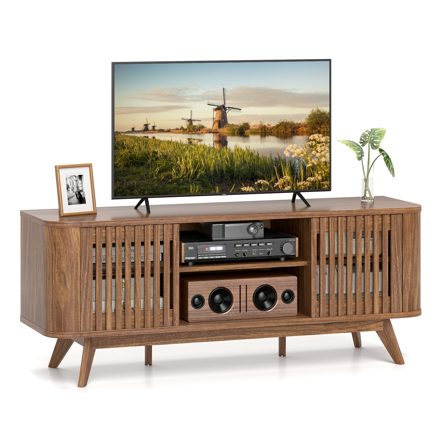 Mid-Century Modern TV Stand for TVs up to 60 Inches with Adjustable Shelves and Storage Cabinets