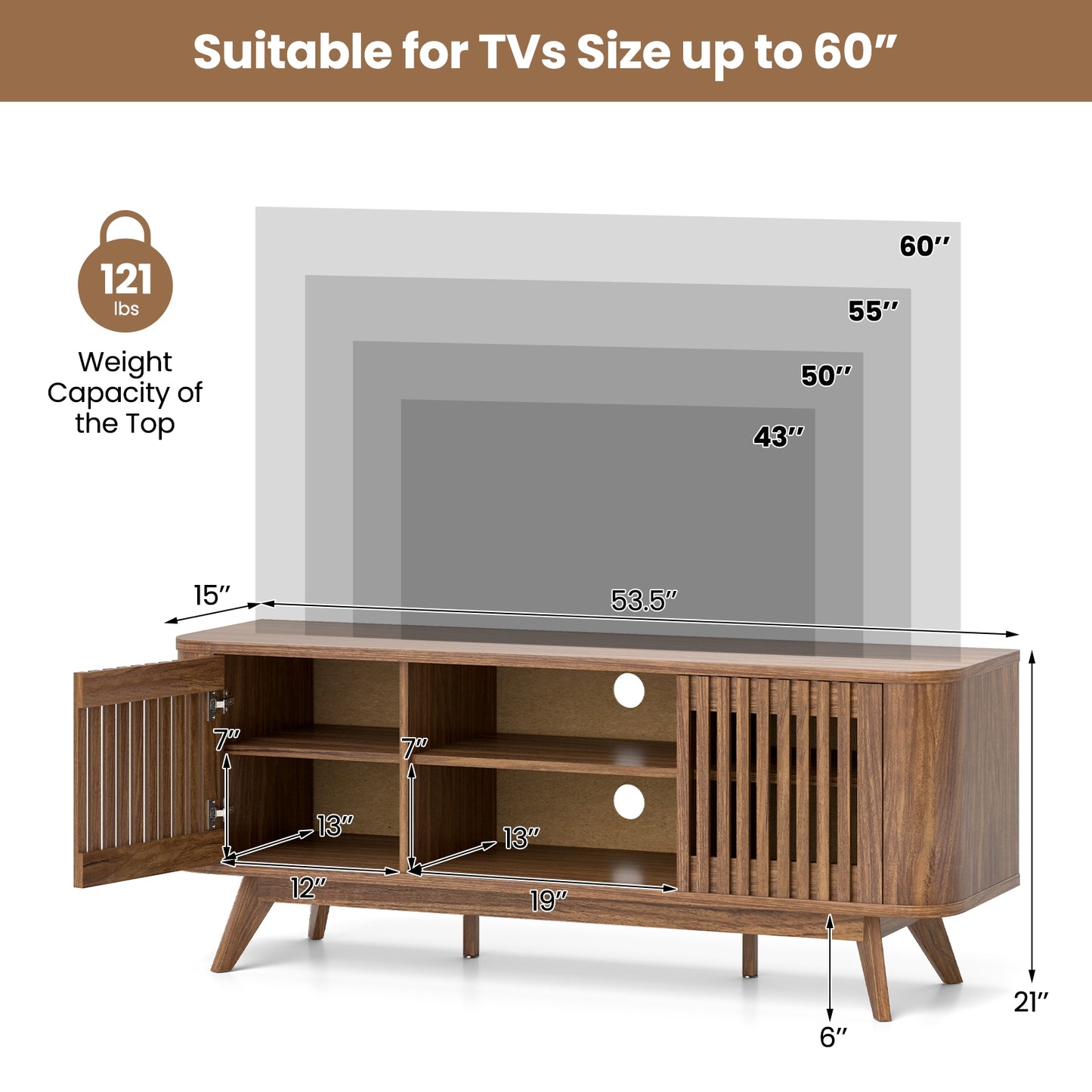 Mid-Century Modern TV Stand for TVs up to 60 Inches with Adjustable Shelves and Storage Cabinets