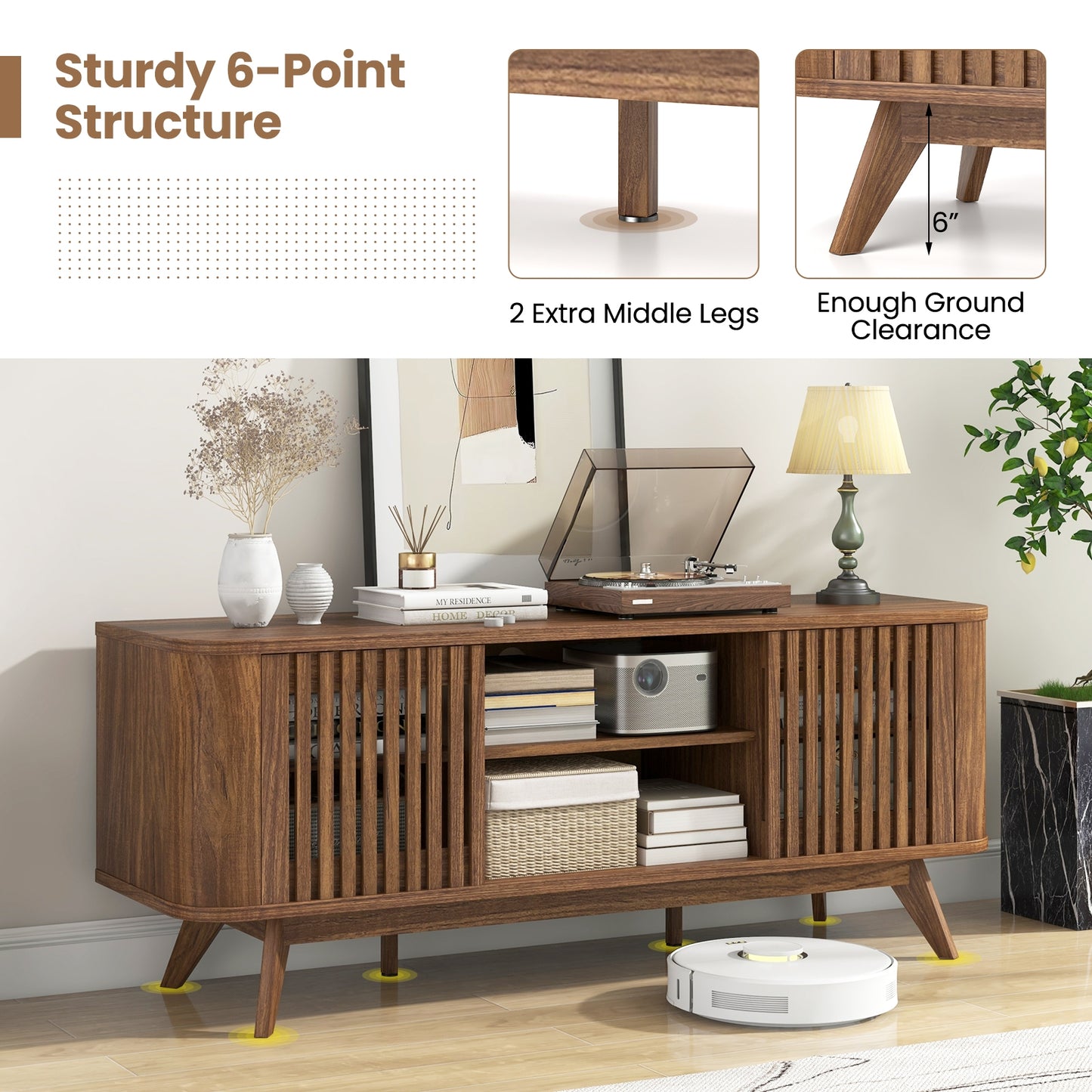 Mid-Century Modern TV Stand for TVs up to 60 Inches with Adjustable Shelves and Storage Cabinets