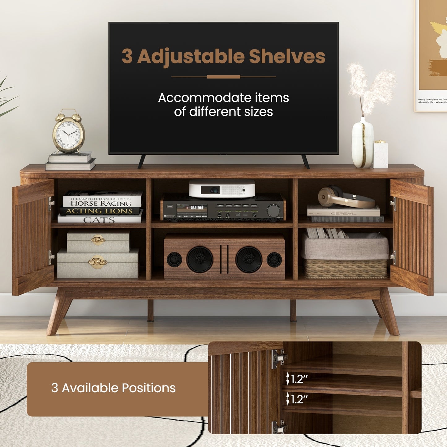 Mid-Century Modern TV Stand for TVs up to 60 Inches with Adjustable Shelves and Storage Cabinets
