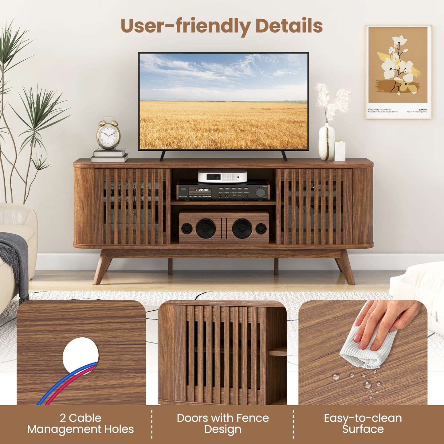Mid-Century Modern TV Stand for TVs up to 60 Inches with Adjustable Shelves and Storage Cabinets