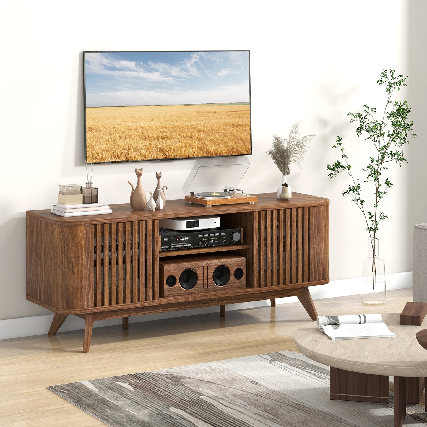 Mid-Century Modern TV Stand for TVs up to 60 Inches with Adjustable Shelves and Storage Cabinets