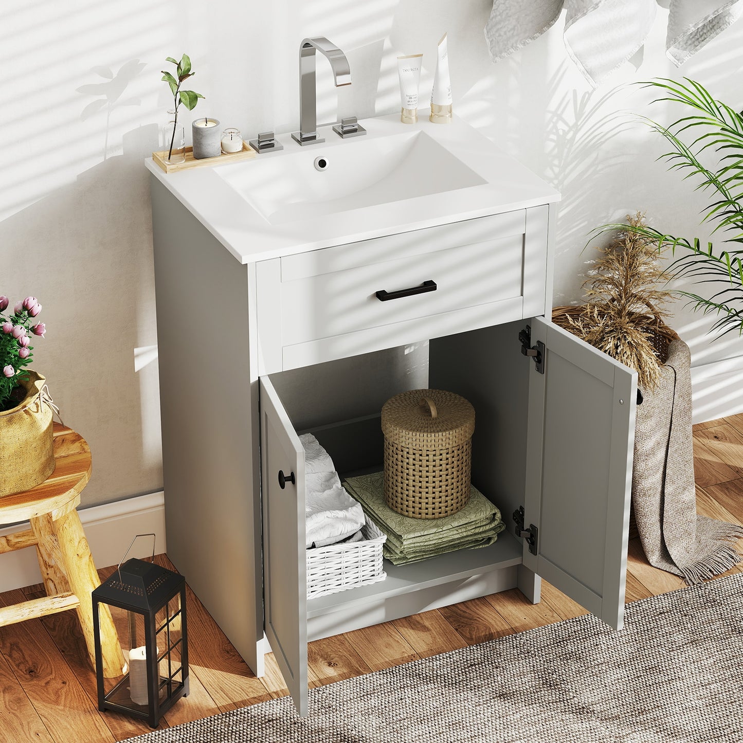 Bathroom Vanity Unit with Ceramic Sink & Large Storage Cabinet