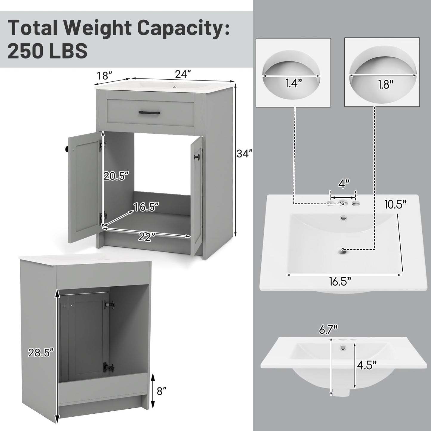 Bathroom Vanity Unit with Ceramic Sink & Large Storage Cabinet