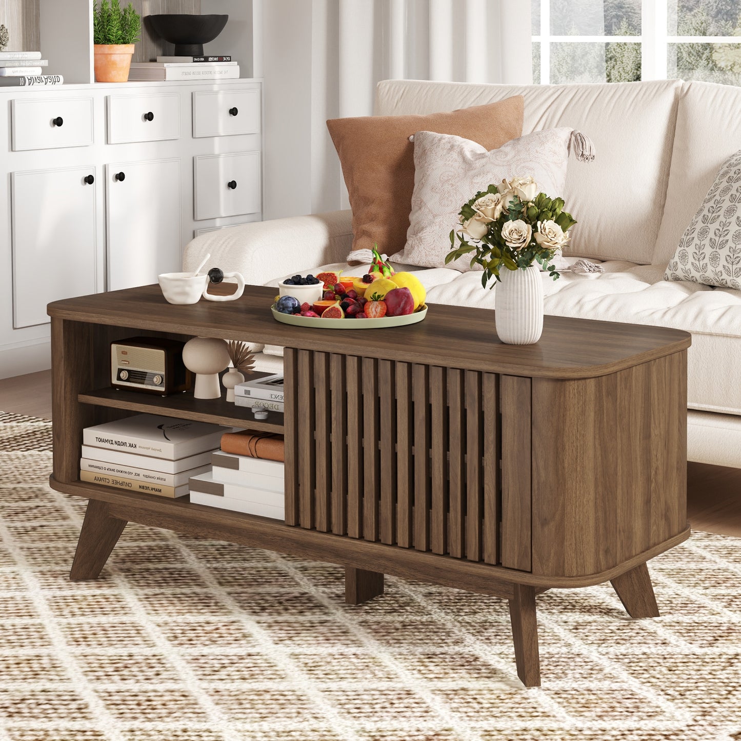 Wood Rectangular Coffee Table with Adjustable Shelves and Dual Access Storage