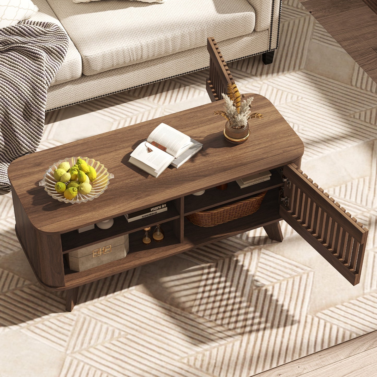 Wood Rectangular Coffee Table with Adjustable Shelves and Dual Access Storage