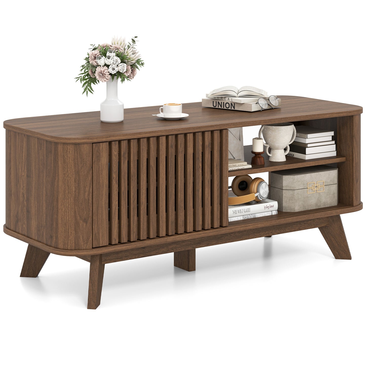 Wood Rectangular Coffee Table with Adjustable Shelves and Dual Access Storage